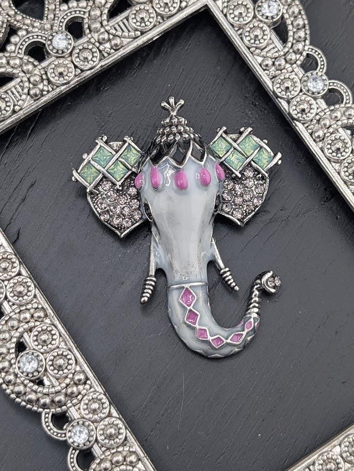 Silver Plated Elephant Brooch Pin: Indian Inspired Rhinestone Detail