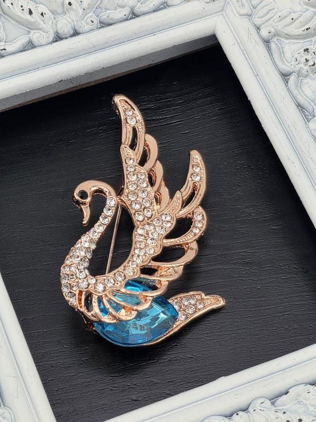 Swan Brooch Pin: Rose Gold Plated with Teal Enamel - Handmade Accessory