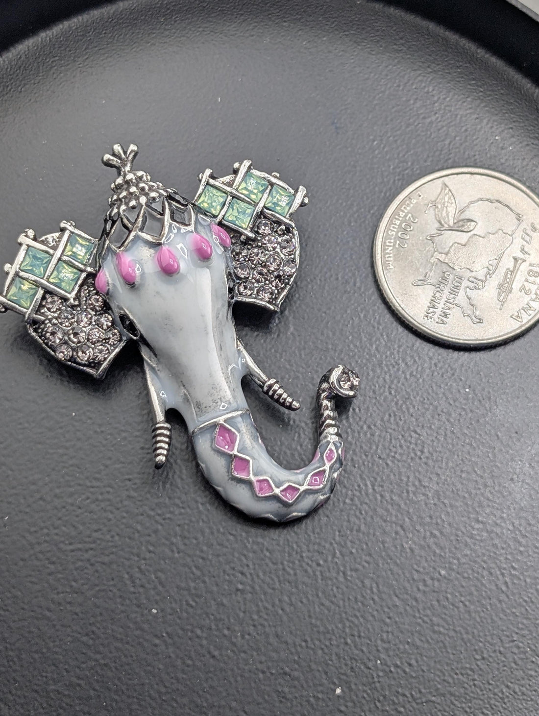 Silver Plated Elephant Brooch Pin: Indian Inspired Rhinestone Detail