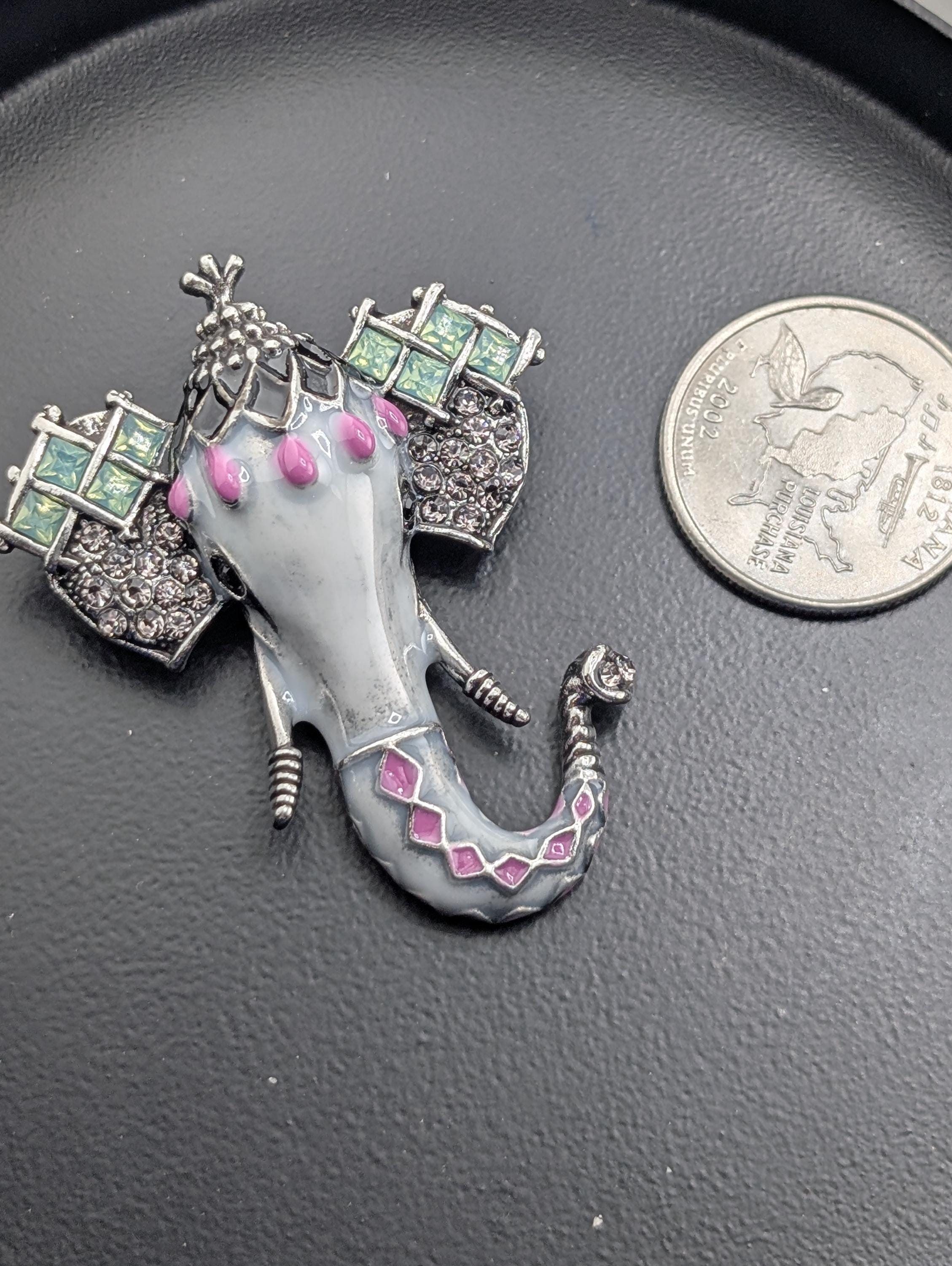 Silver Plated Elephant Brooch Pin: Indian Inspired Rhinestone Detail