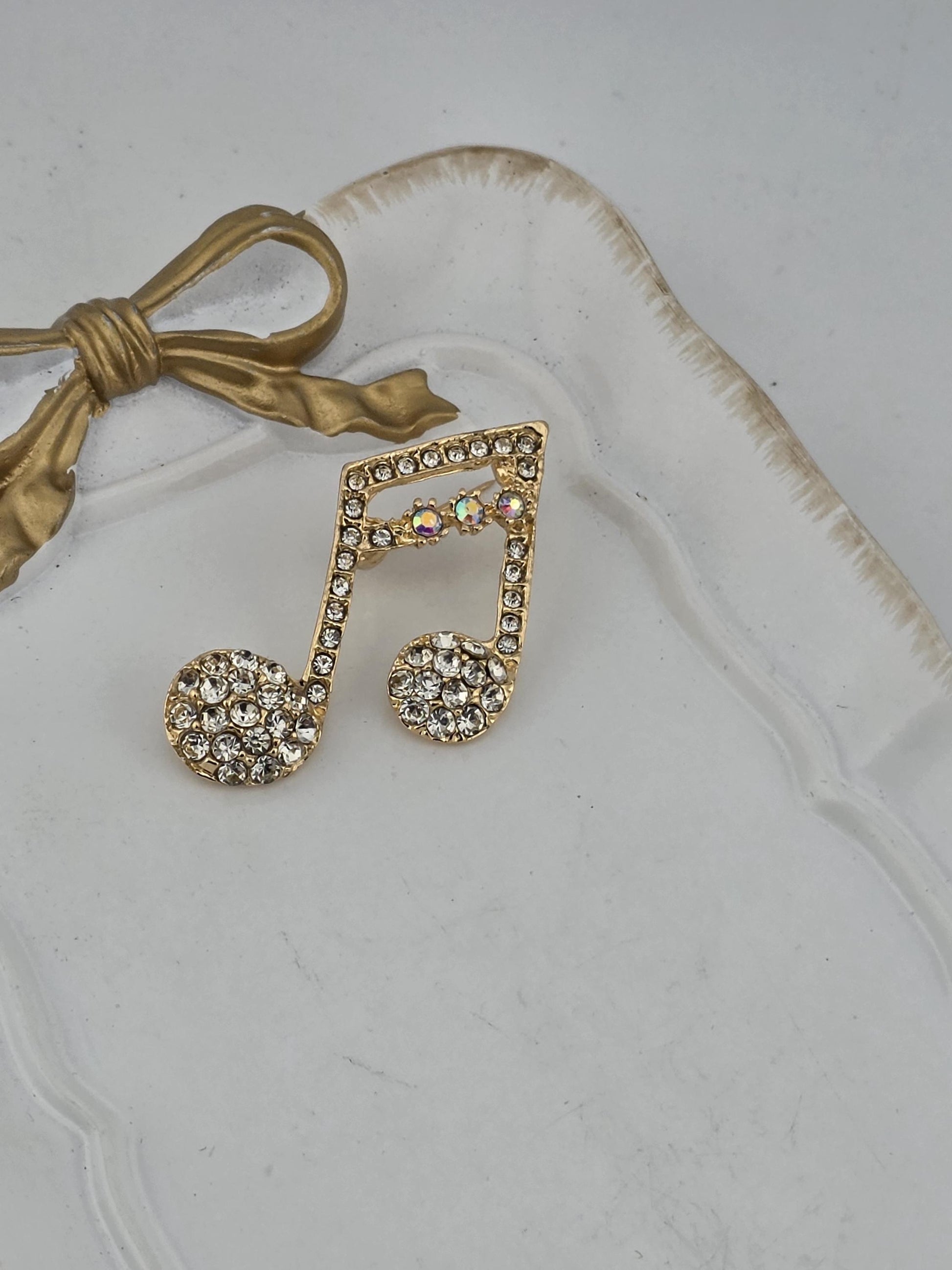 Music Note Pendant: Gold Plated Rhinestone Charm (Lightweight, Dainty) | Handmade Pin | Jacket Scarf Hat Accessory | Gift Idea