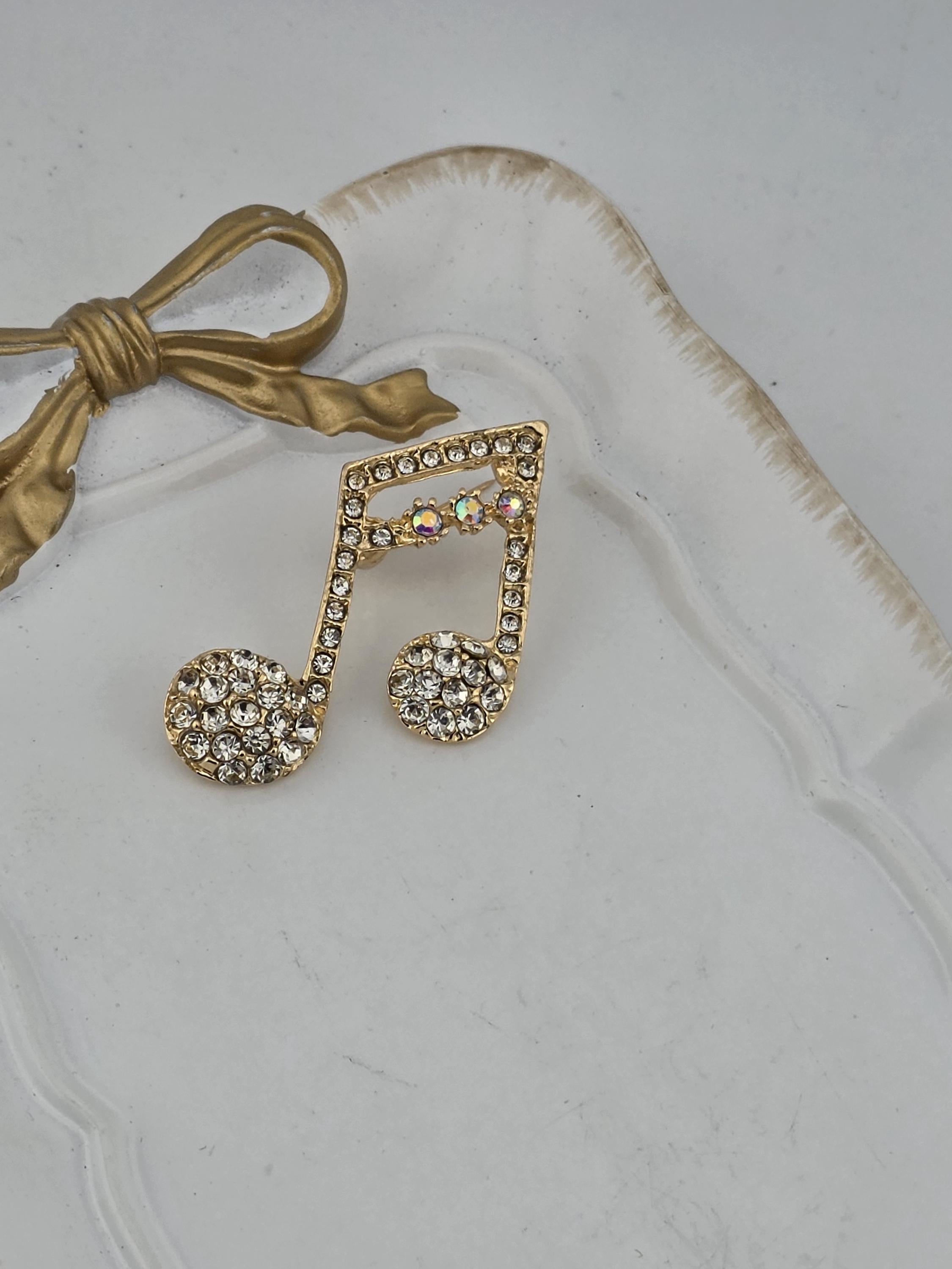 Music Note Pendant: Gold Plated Rhinestone Charm (Lightweight, Dainty) | Handmade Pin | Jacket Scarf Hat Accessory | Gift Idea