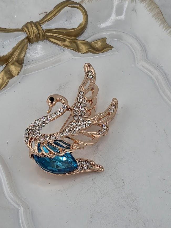 Swan Brooch Pin: Rose Gold Plated with Teal Enamel - Handmade Accessory