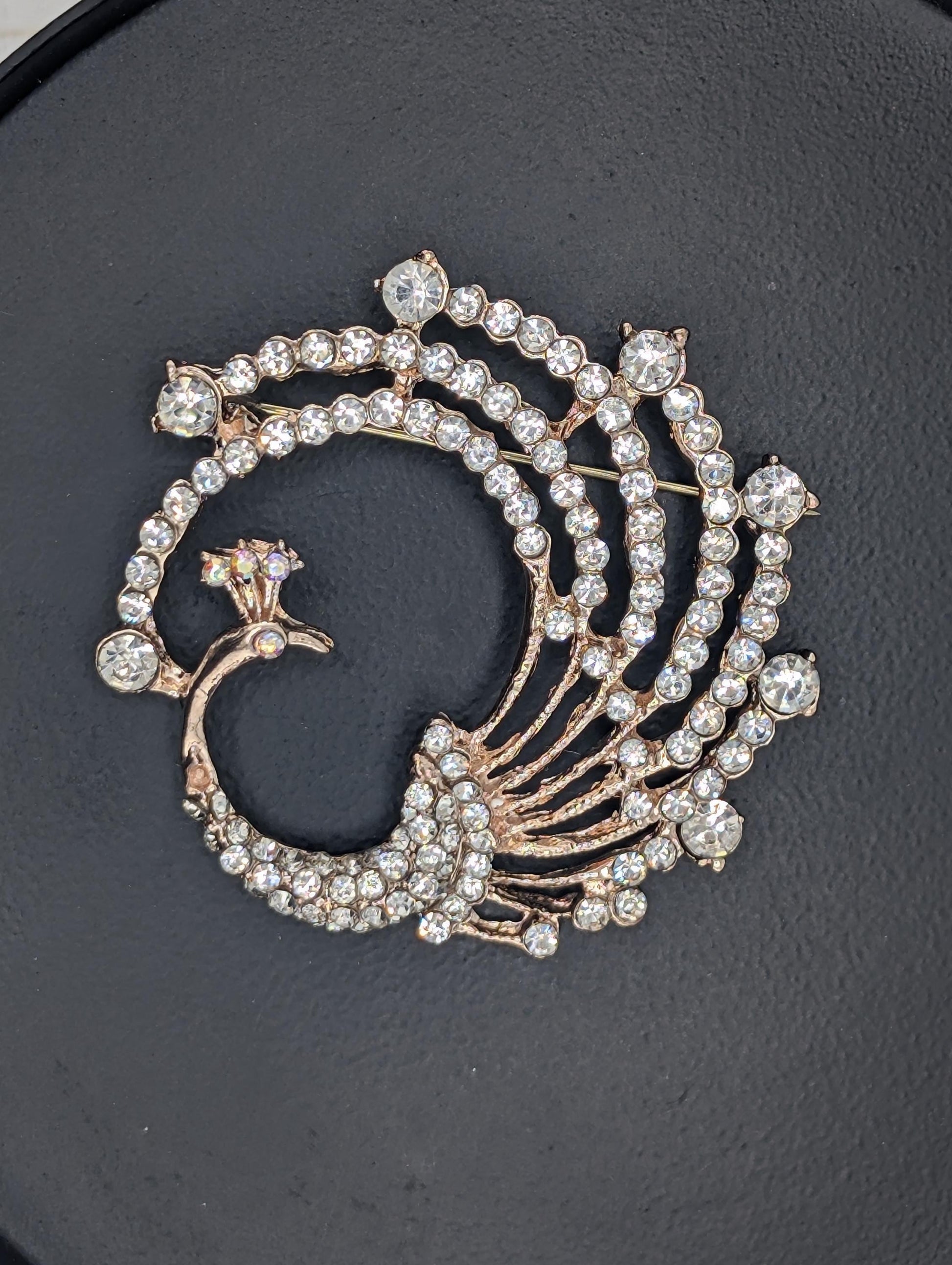 Peacock Brooch Pin - Rose Gold Plated with Rhinestones