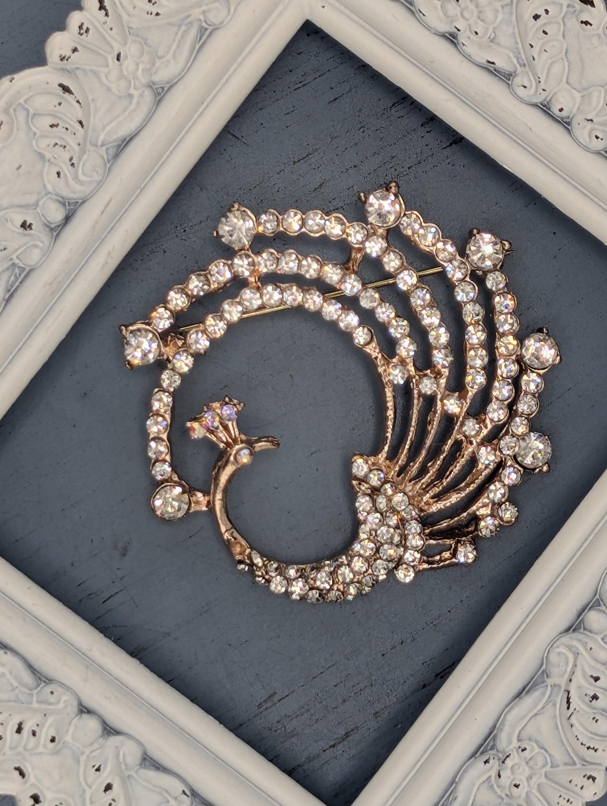 Peacock Brooch Pin - Rose Gold Plated with Rhinestones