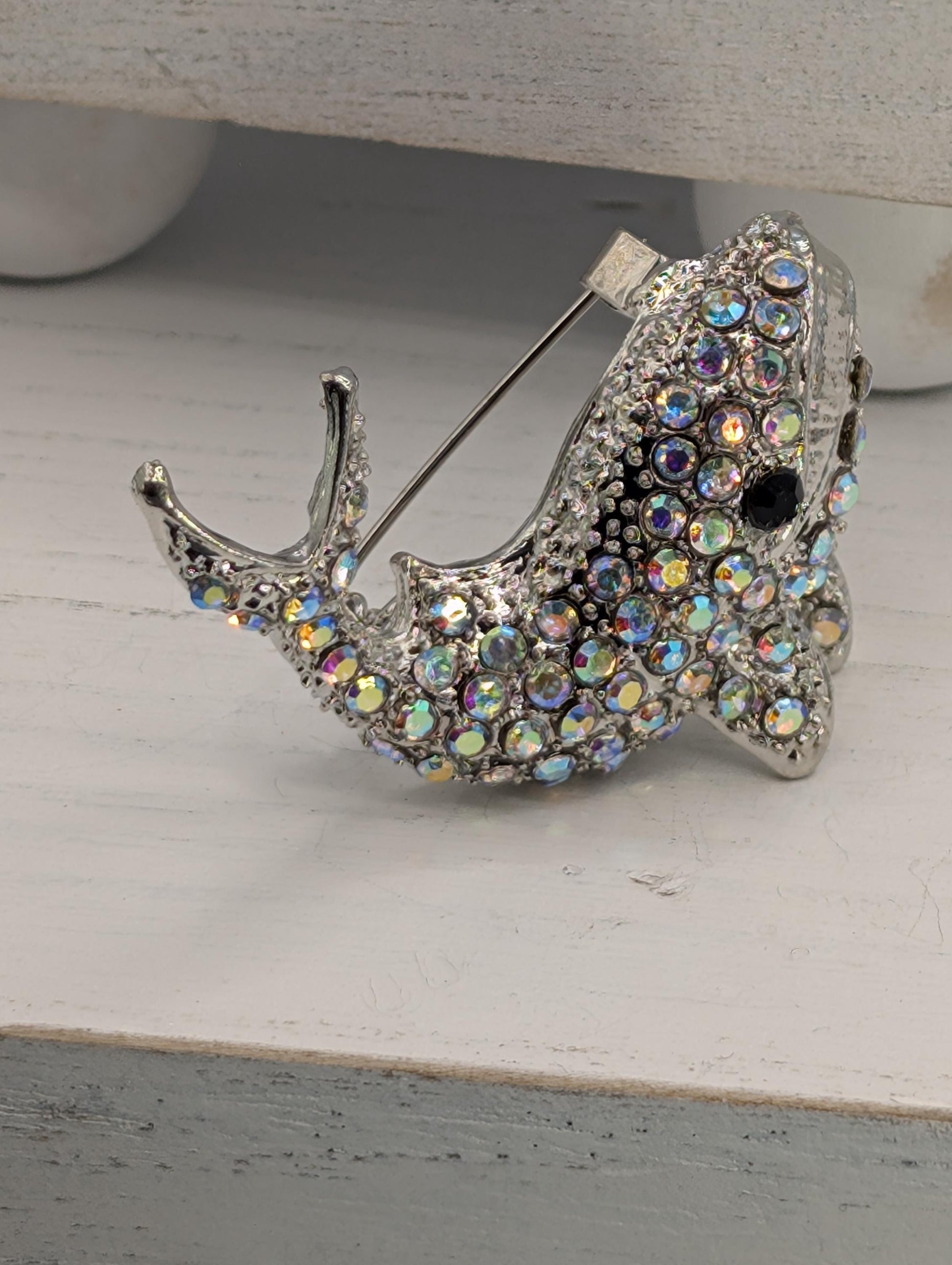 Whale Brooch Pendant: Silver Plated with Rhinestones - Pin or Charm | Handmade Pin | Jacket Scarf Hat Accessory | Gift Idea