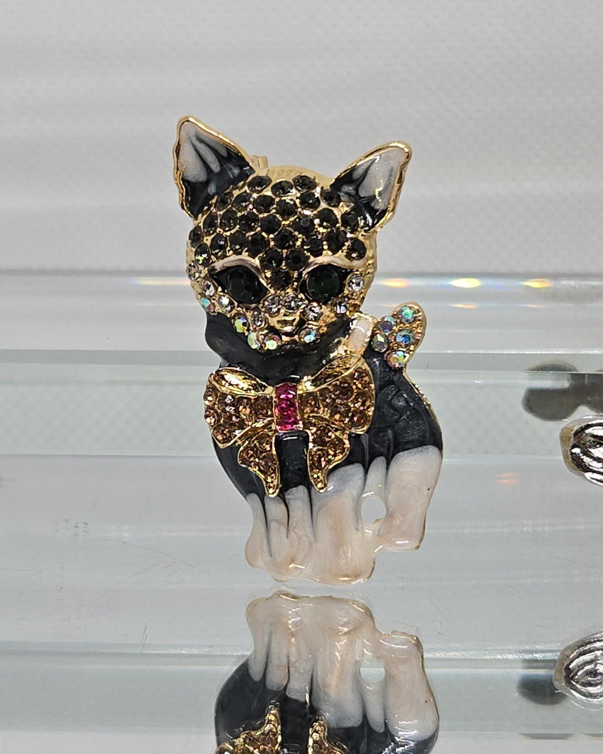Playful Cat Brooch: Gold Plated Pin with Bowtie and Rhinestone Accent