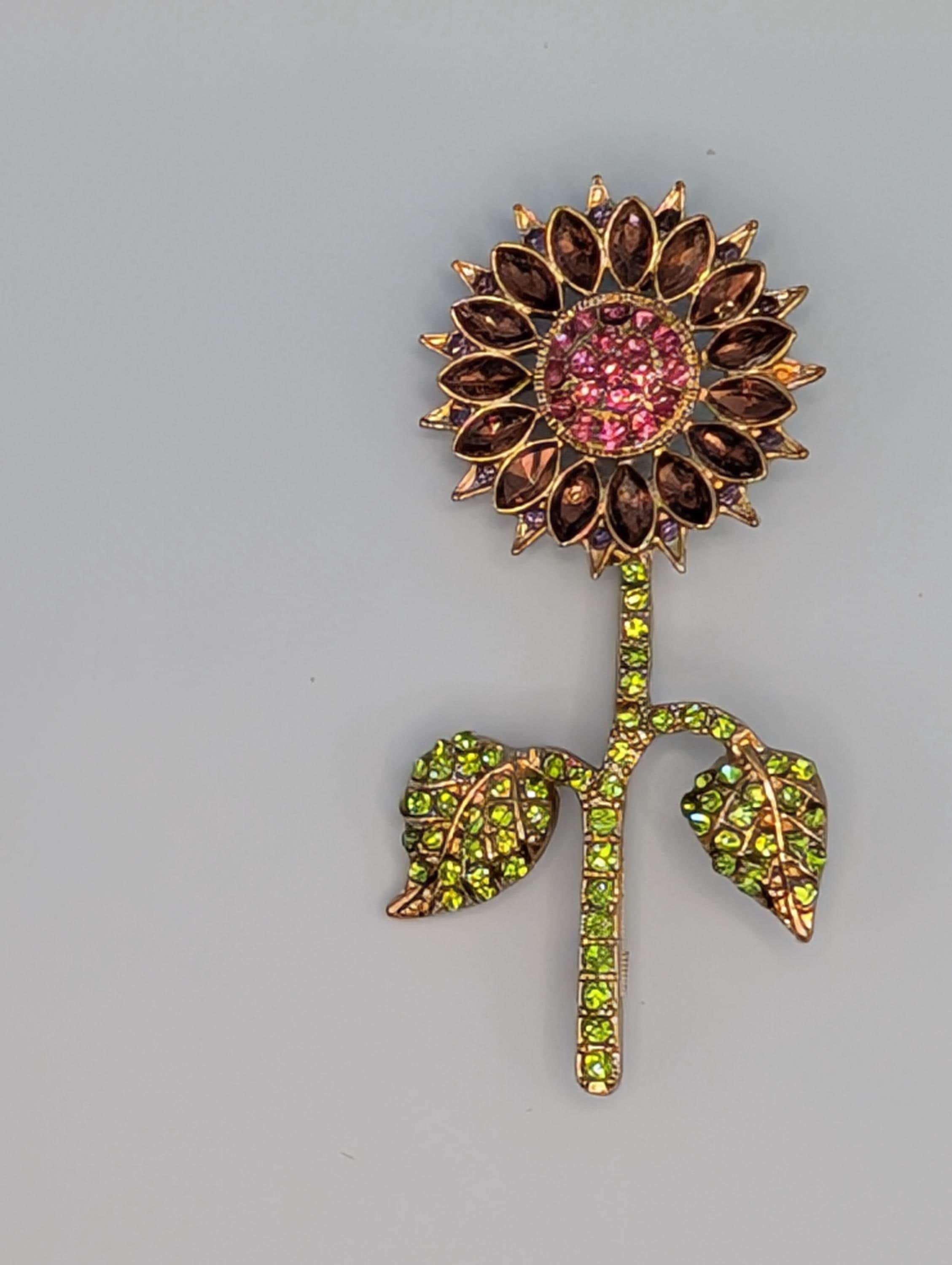 Sunflower Brooch Pin: Gold Plated Floral Design (Rhinestone Detail) | Handmade Pin | Jacket Scarf Hat Accessory | Gift Idea