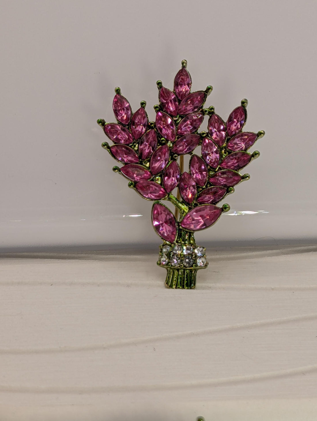 Bamboo Brooch Pin, Gold Plated with Pink Rhinestone (2 Inch)