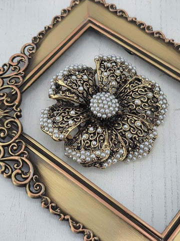 Flower Brooch Pin: Vintage Brass Plated with Pearls and Rhinestones (2")