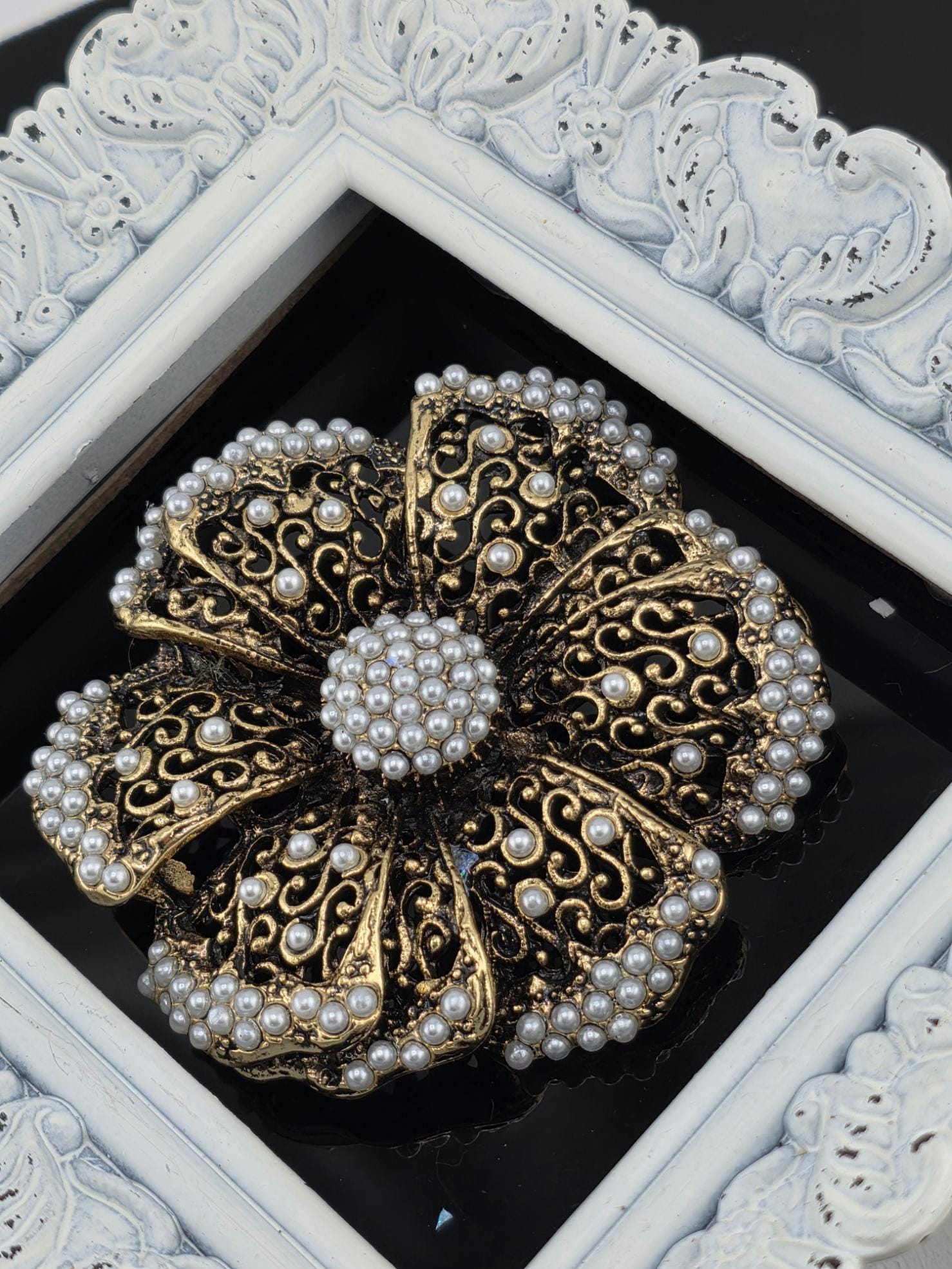 Flower Brooch Pin: Vintage Brass Plated with Pearls and Rhinestones (2")