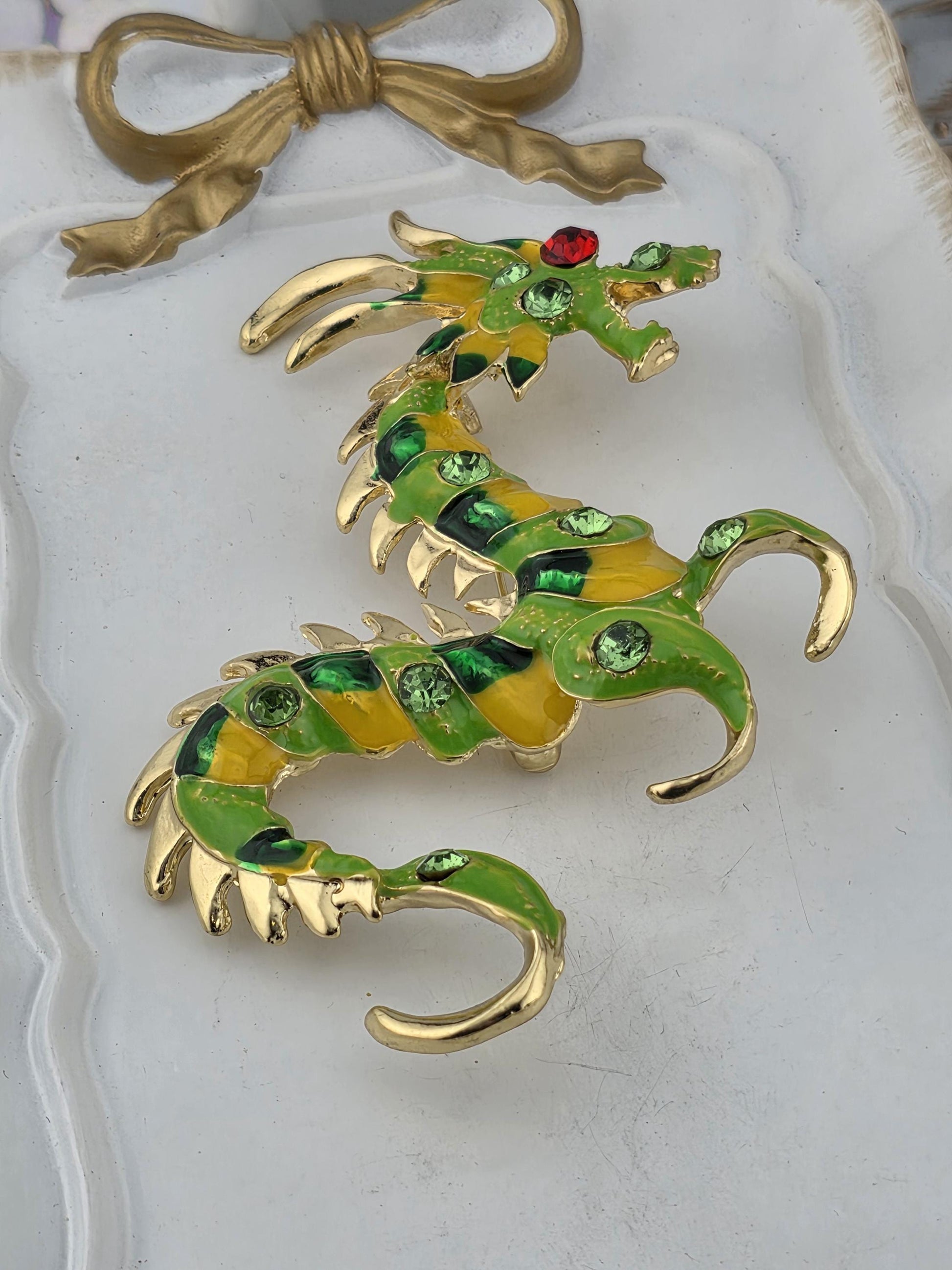 Gold Plated Dragon Brooch Pin - Rhinestone Detail, Symbolic Jewelry
