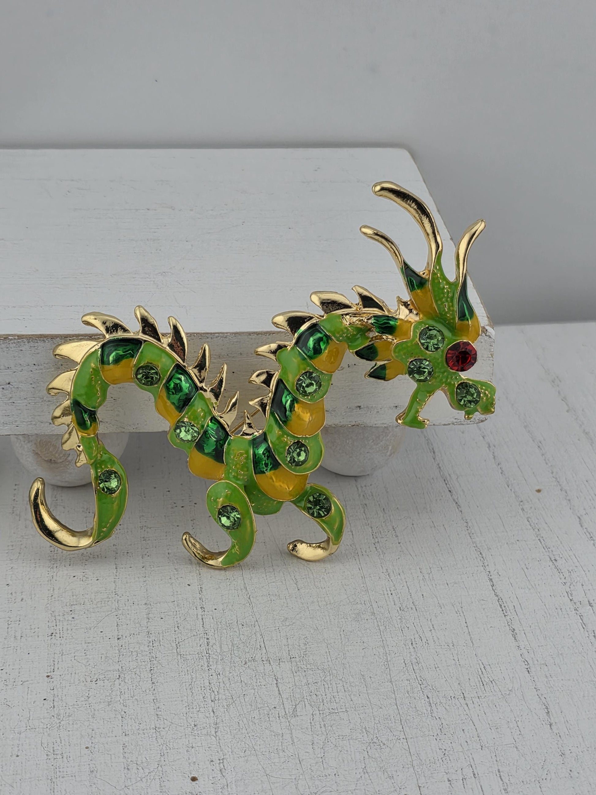 Gold Plated Dragon Brooch Pin - Rhinestone Detail, Symbolic Jewelry