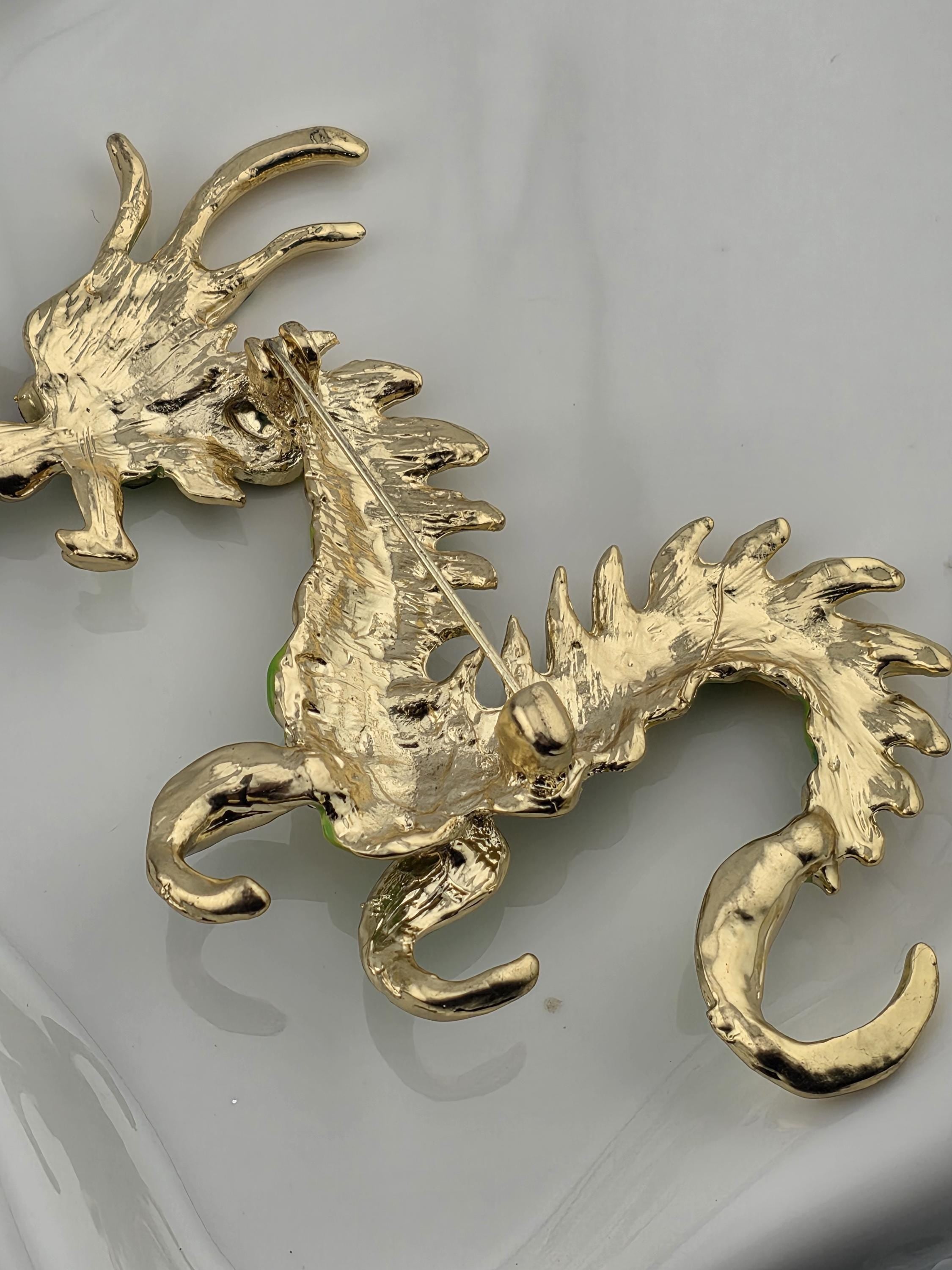 Gold Plated Dragon Brooch Pin - Rhinestone Detail, Symbolic Jewelry