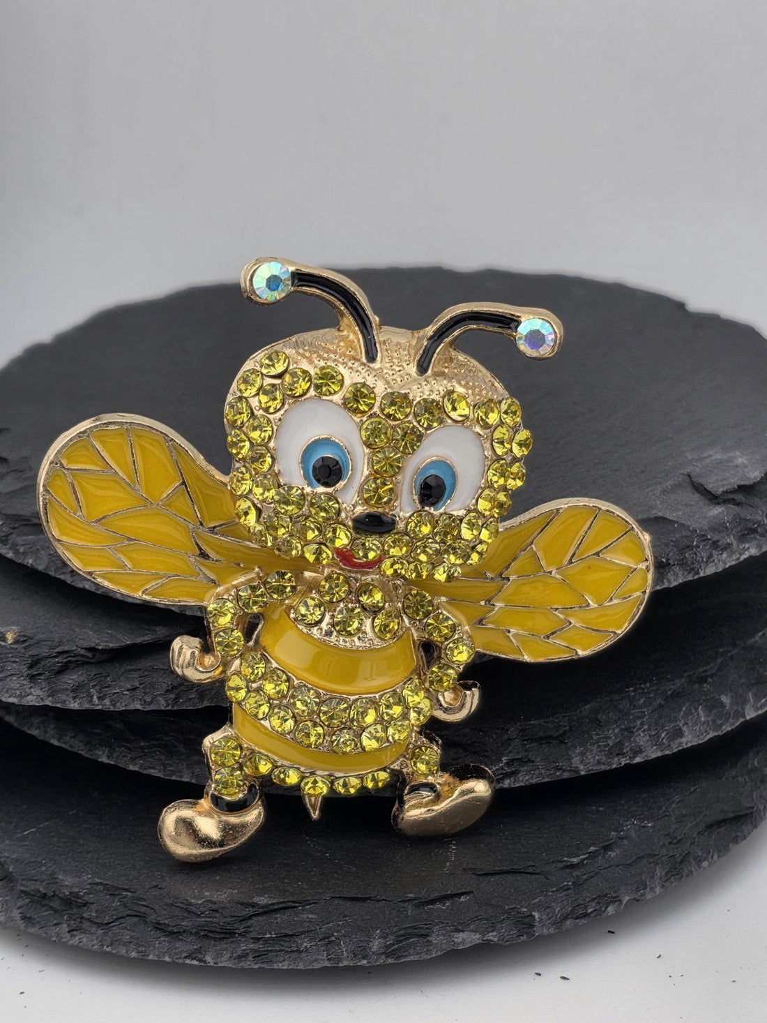 Bumble Bee Brooch Pin - Gold Plated with Bright Yellow Rhinestones
