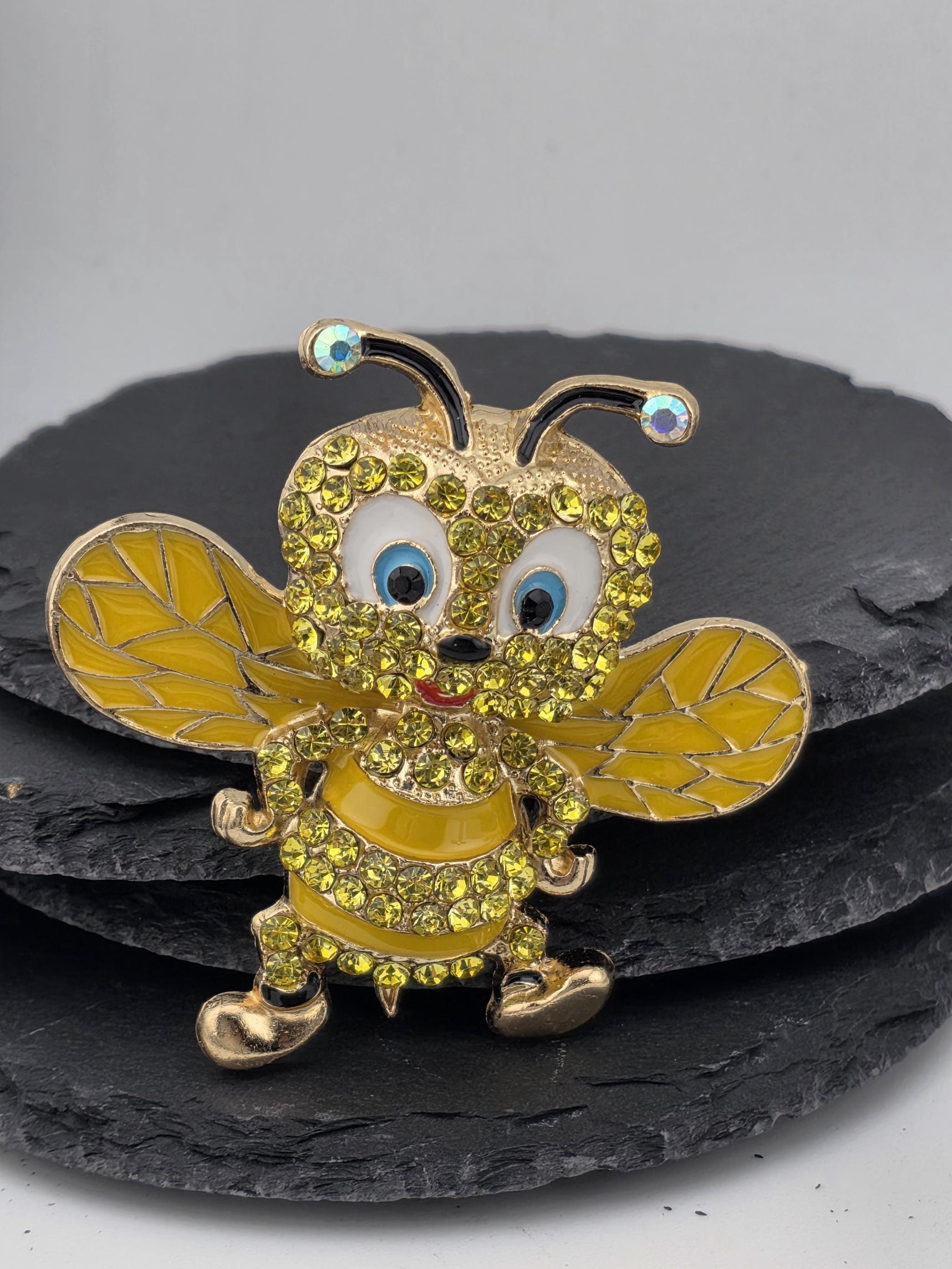 Bumble Bee Brooch Pin - Gold Plated with Bright Yellow Rhinestones | Handmade Pin | Jacket Scarf Hat Accessory | Gift Idea