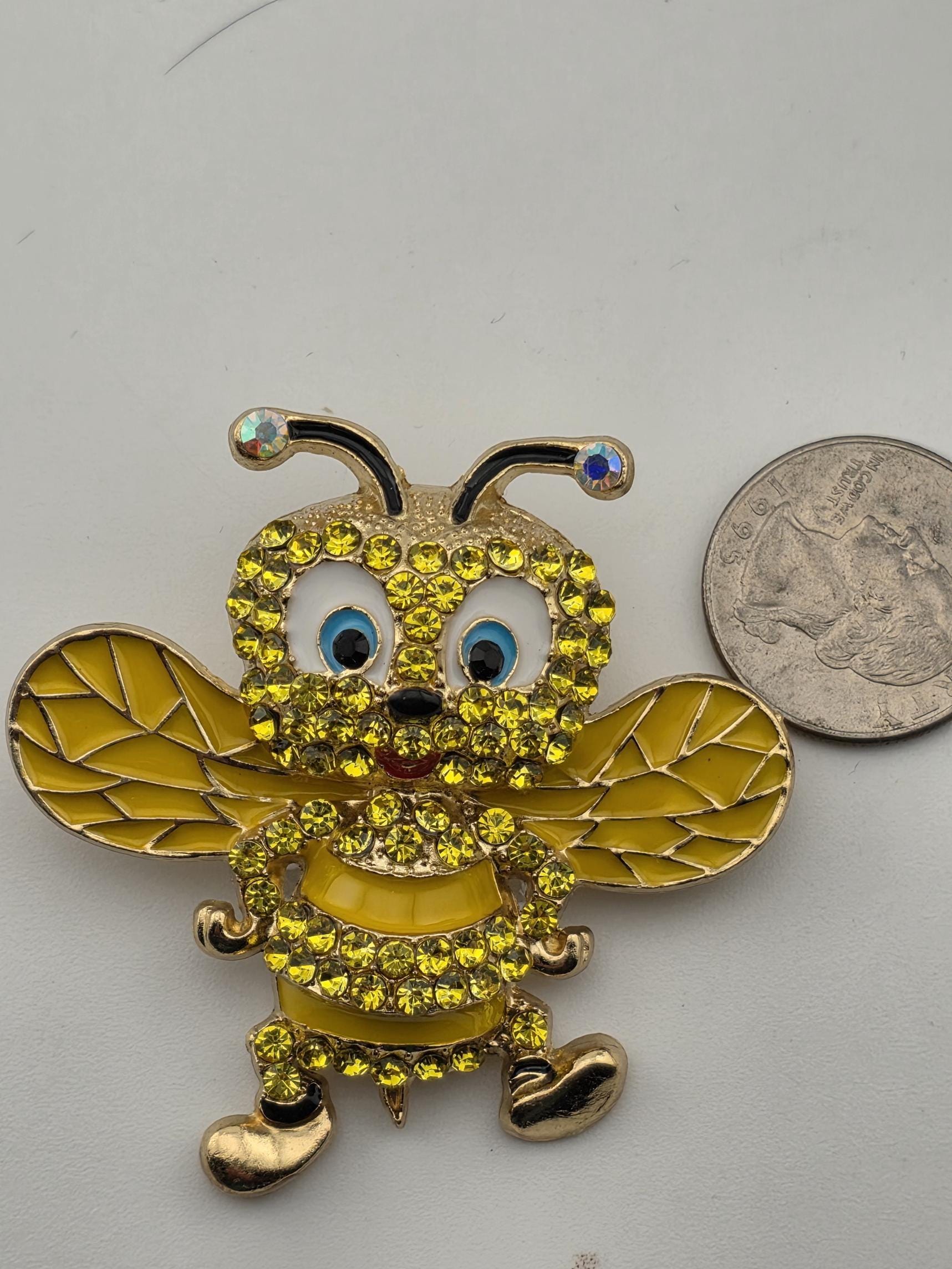 Bumble Bee Brooch Pin - Gold Plated with Bright Yellow Rhinestones