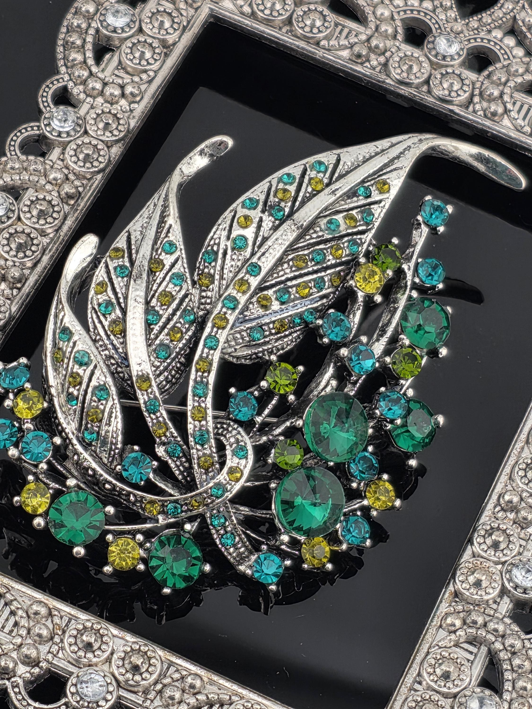 Silver Plated Feather Brooch: Blue Topaz and Emerald Rhinestone Pin