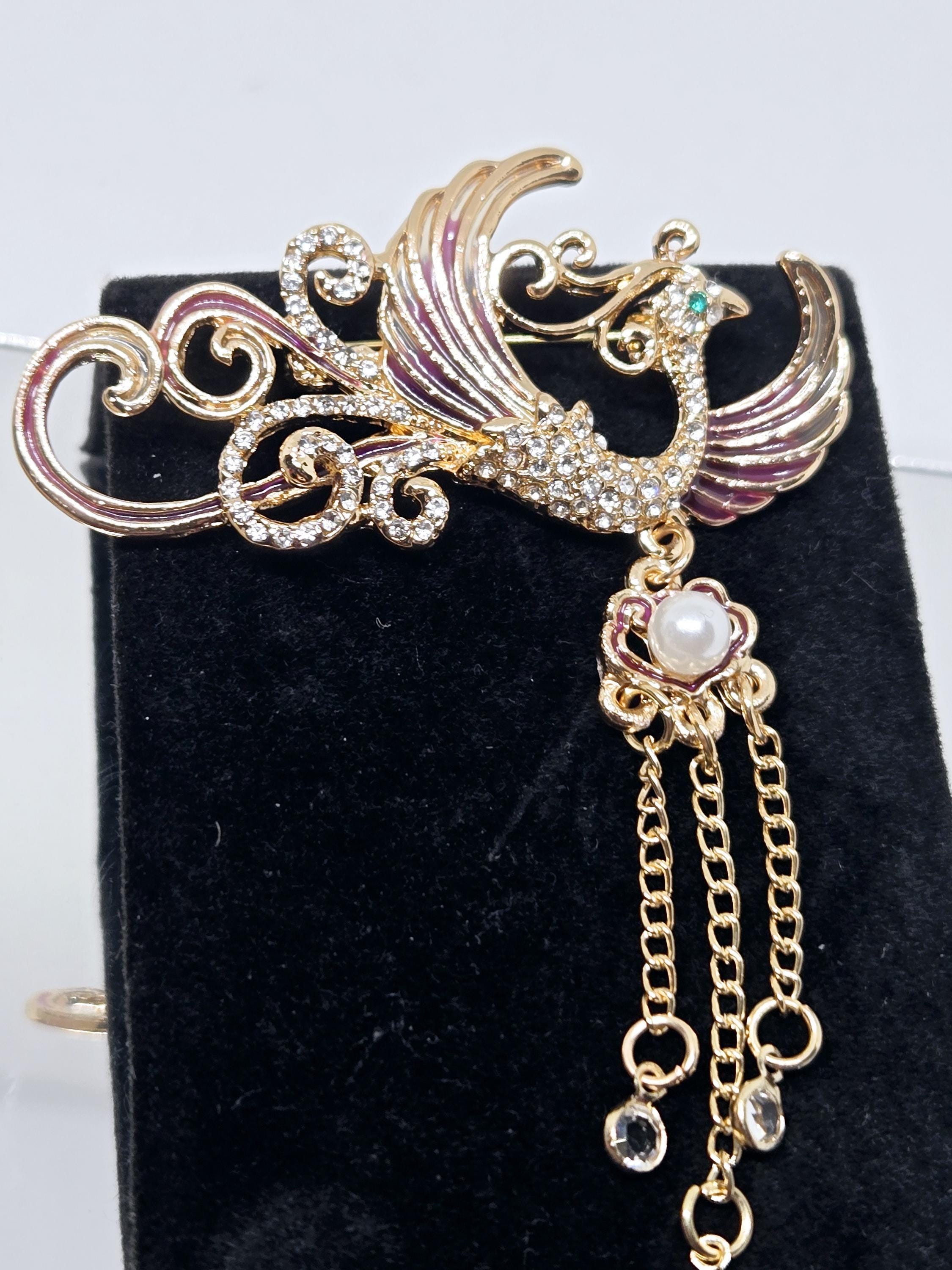 Gold Plated Phoenix Brooch: Yellow Enamel Pin, 1.5 Inch