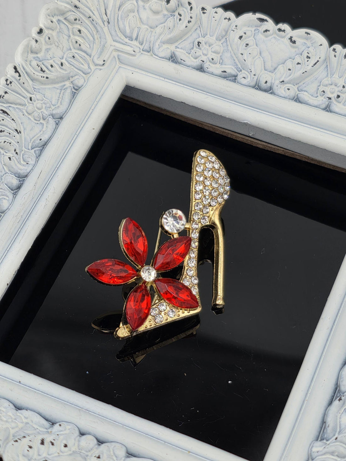 Gold Plated High Heel Brooch - Red Rhinestone Pin, Compact Size