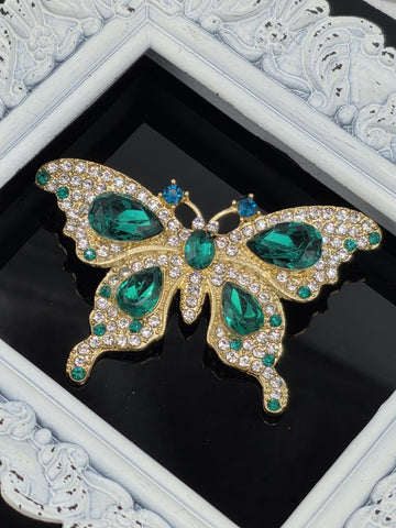 Butterfly Brooch, Gold Plated with Emerald Rhinestones (Lightweight Pin)