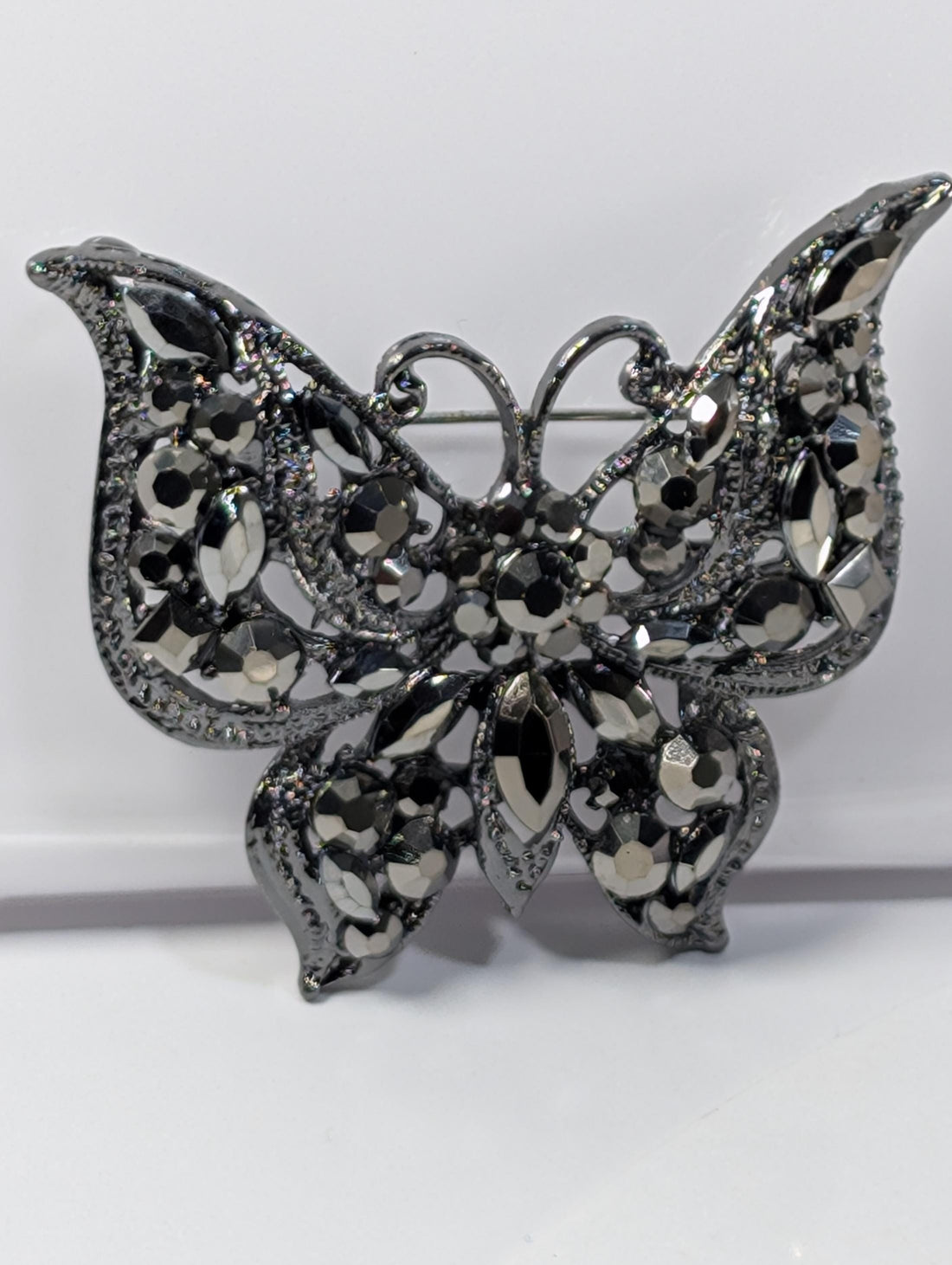 Gunmetal Plated Butterfly Brooch - Rhinestone Accent, Lightweight Pin
