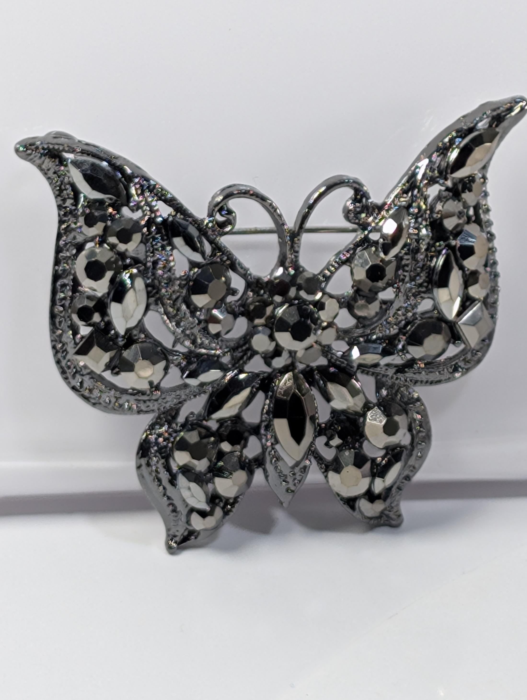 Gunmetal Plated Butterfly Brooch - Rhinestone Accent, Lightweight Pin