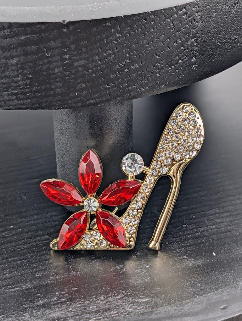 Gold Plated High Heel Brooch - Red Rhinestone Pin, Compact Size