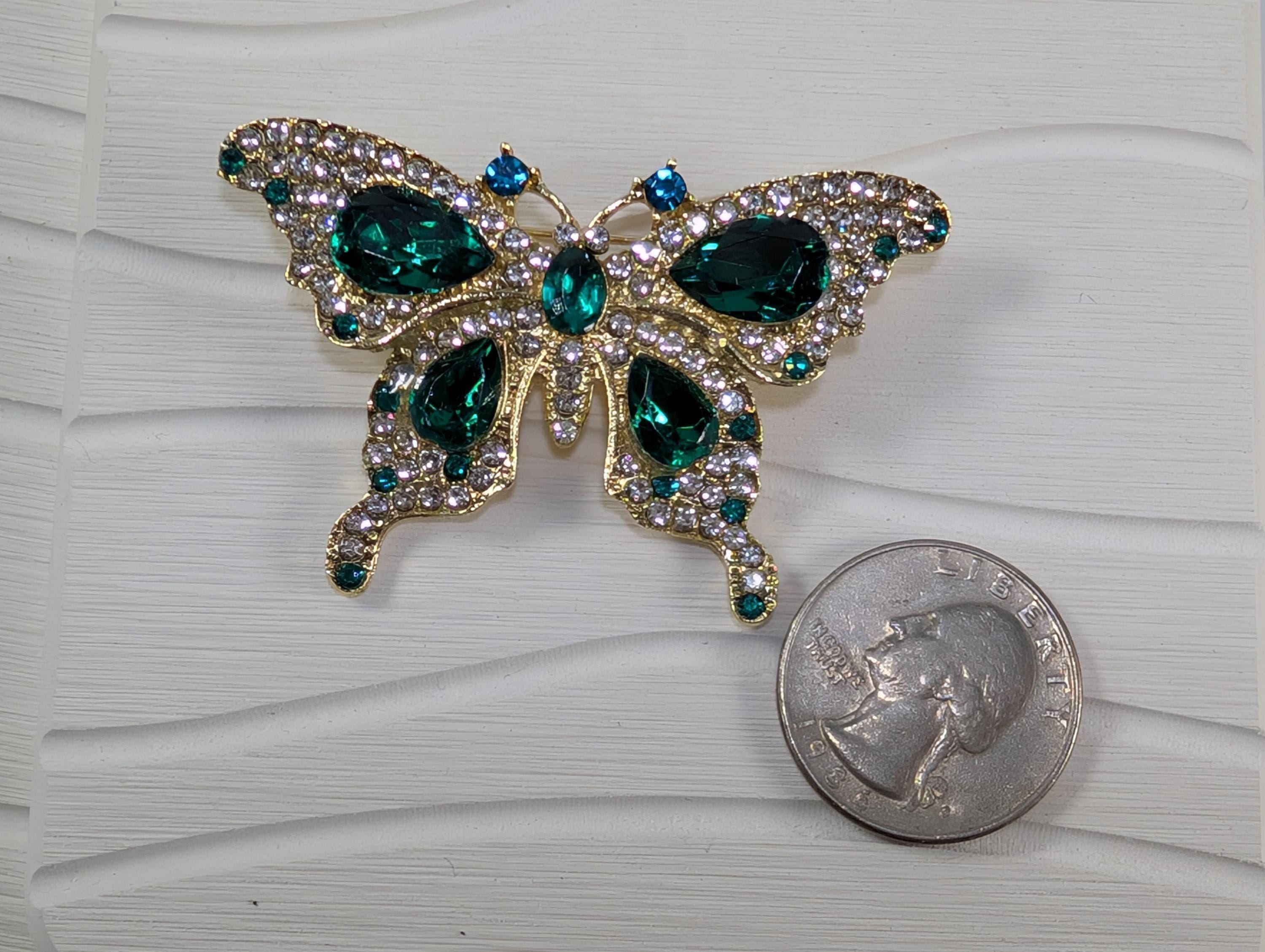 Butterfly Brooch, Gold Plated with Emerald Rhinestones (Lightweight Pin)