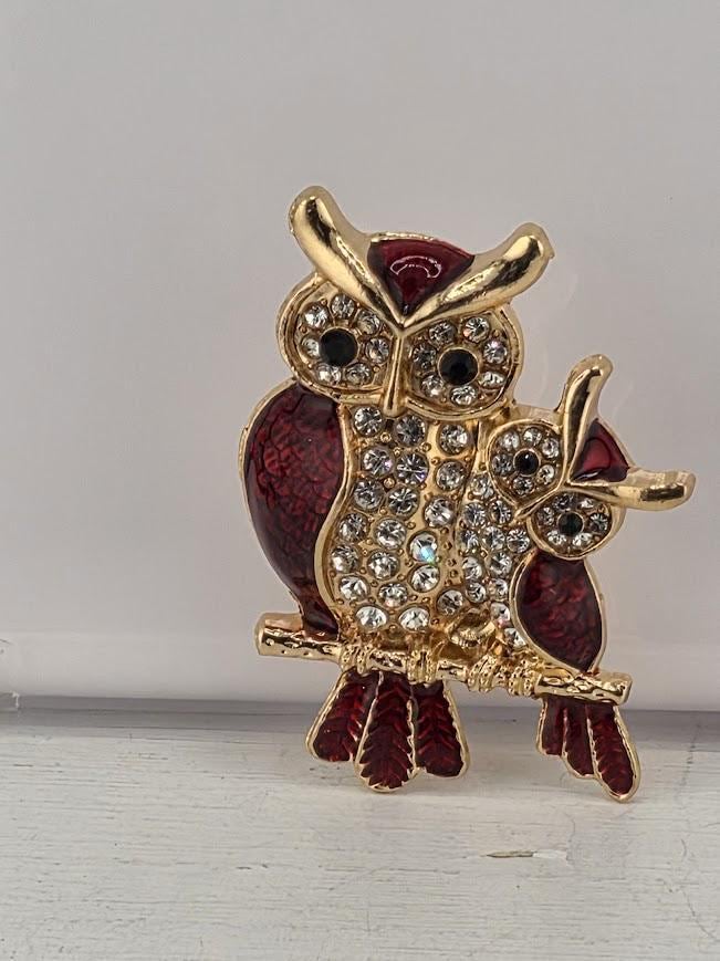 Owl Brooch: Gold Plated with Dark Red Rhinestone - Lightweight Pin
