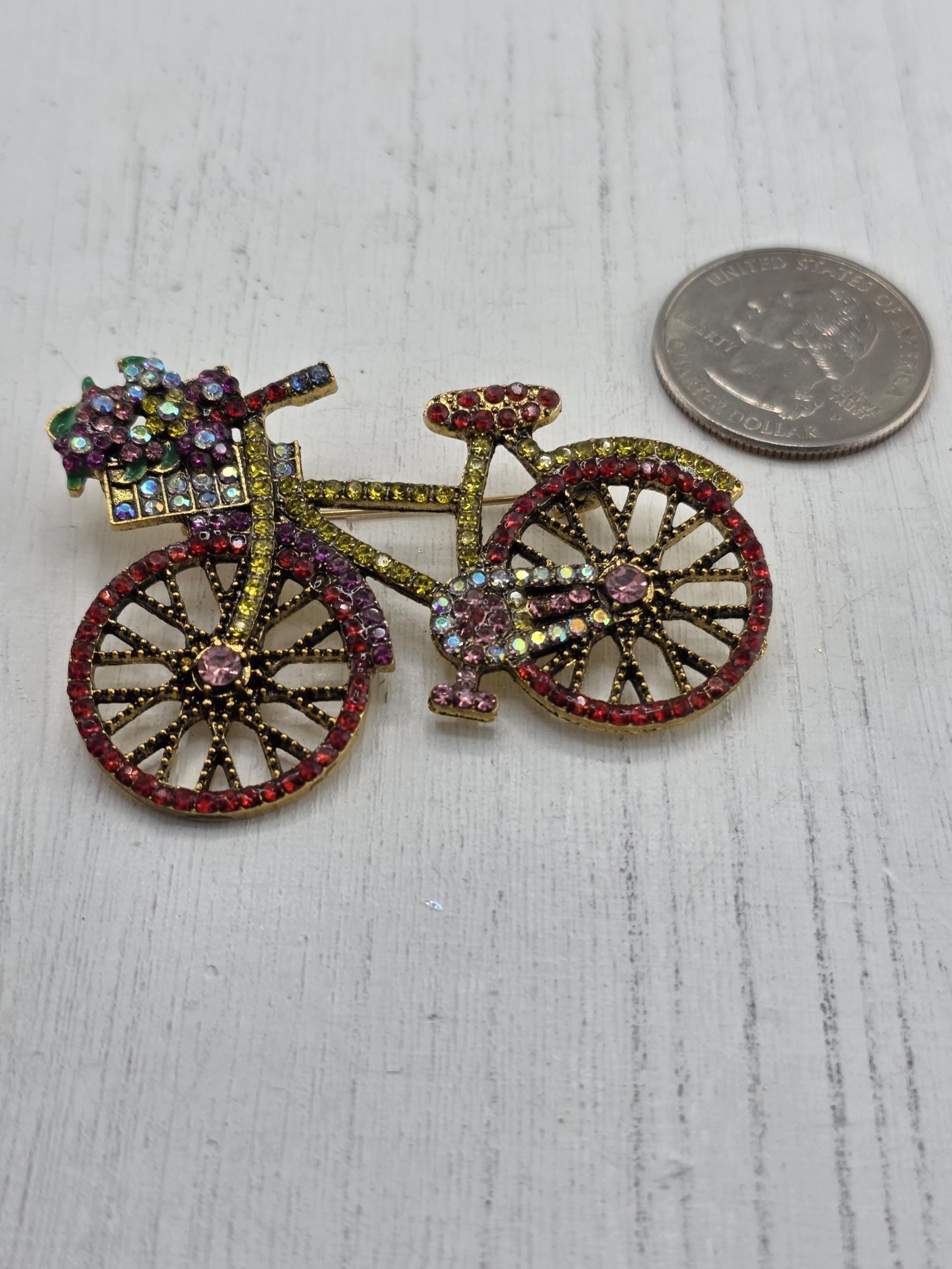 Vintage Style Bicycle Brooch, Gold Plated with Enamel (Lightweight Pin)