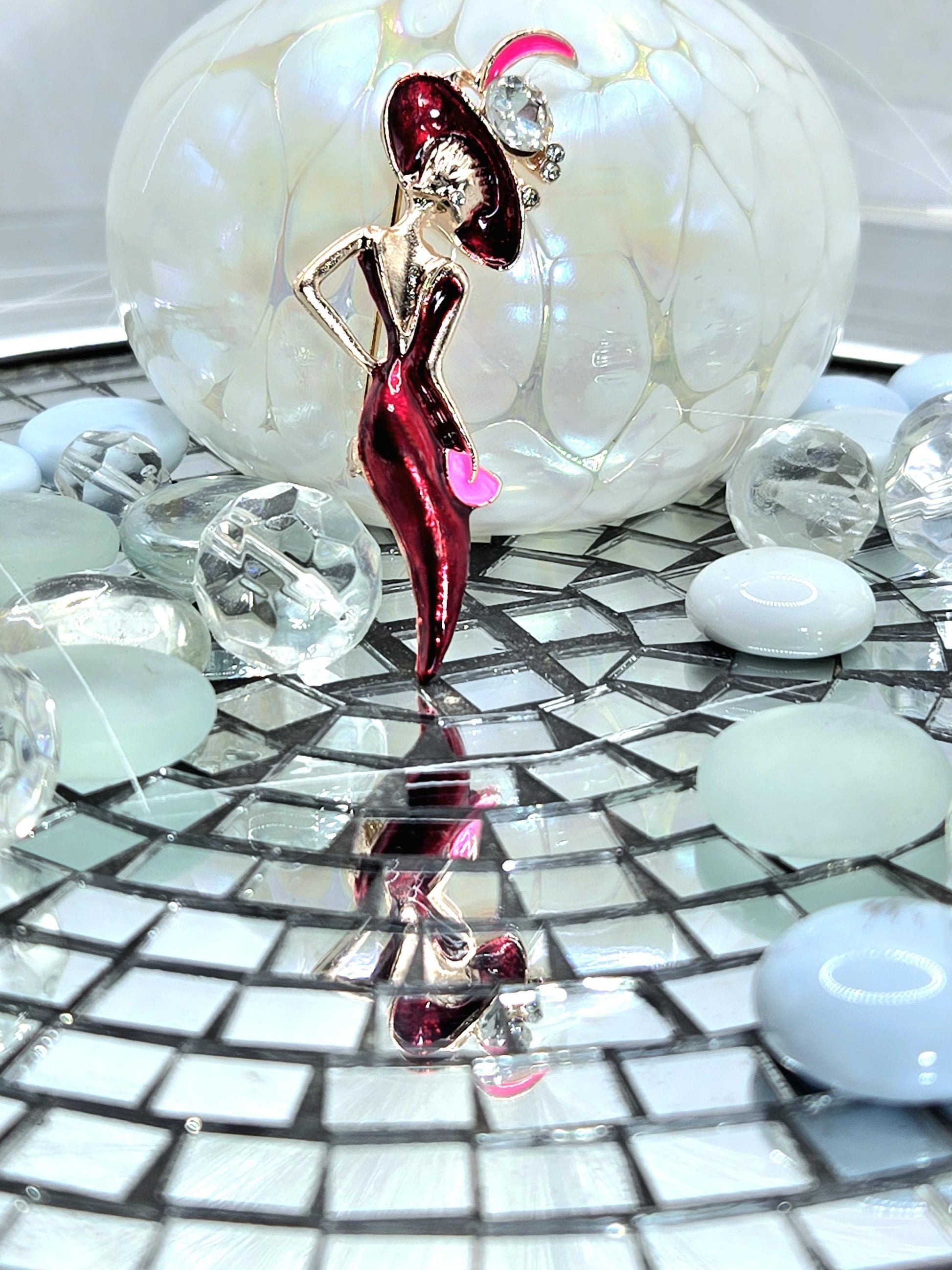 Lady in Red Brooch, Rose Gold Plated with Rhinestones (Compact Pin)