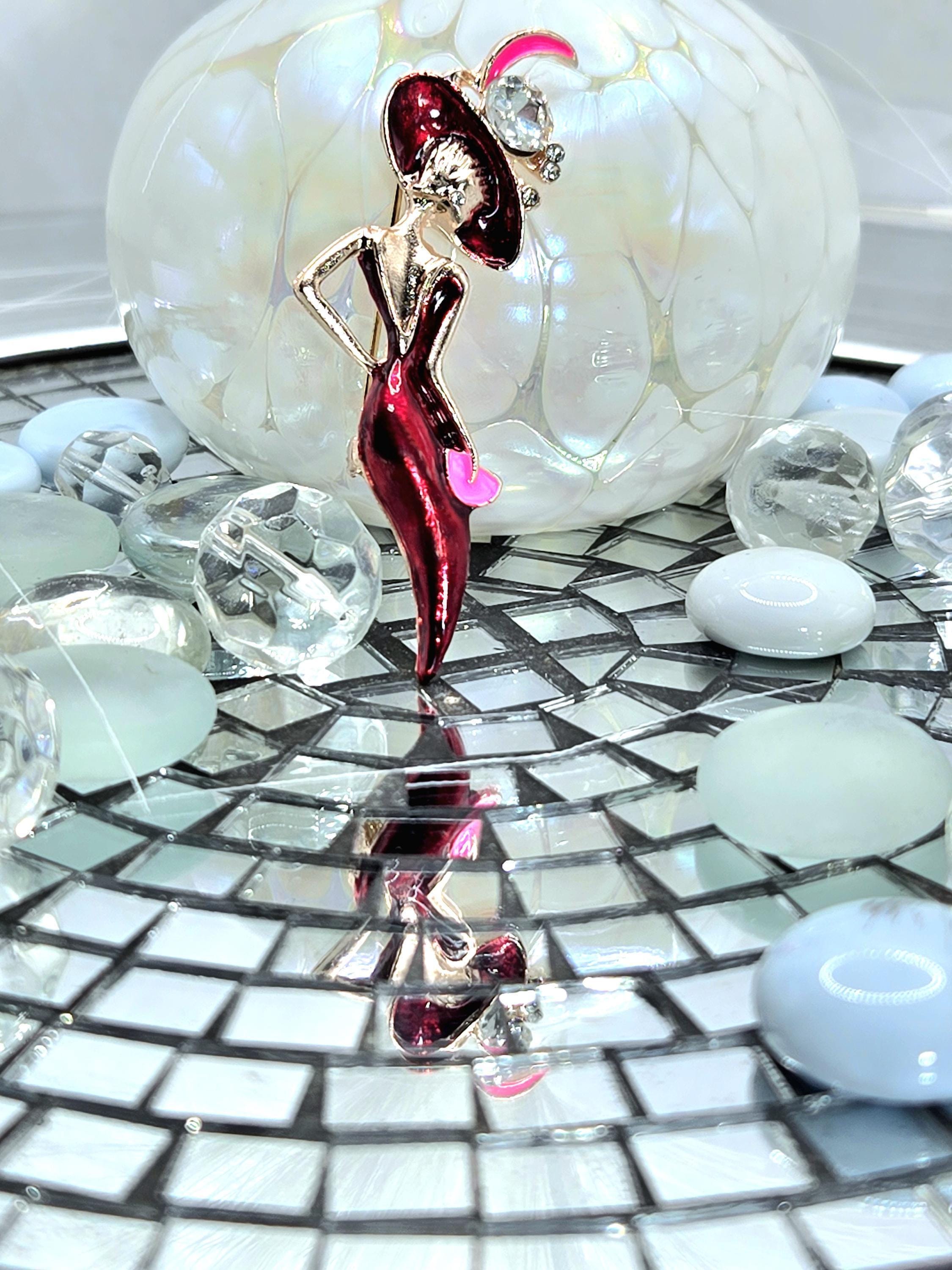 Lady in Red Brooch, Rose Gold Plated with Rhinestones (Compact Pin)