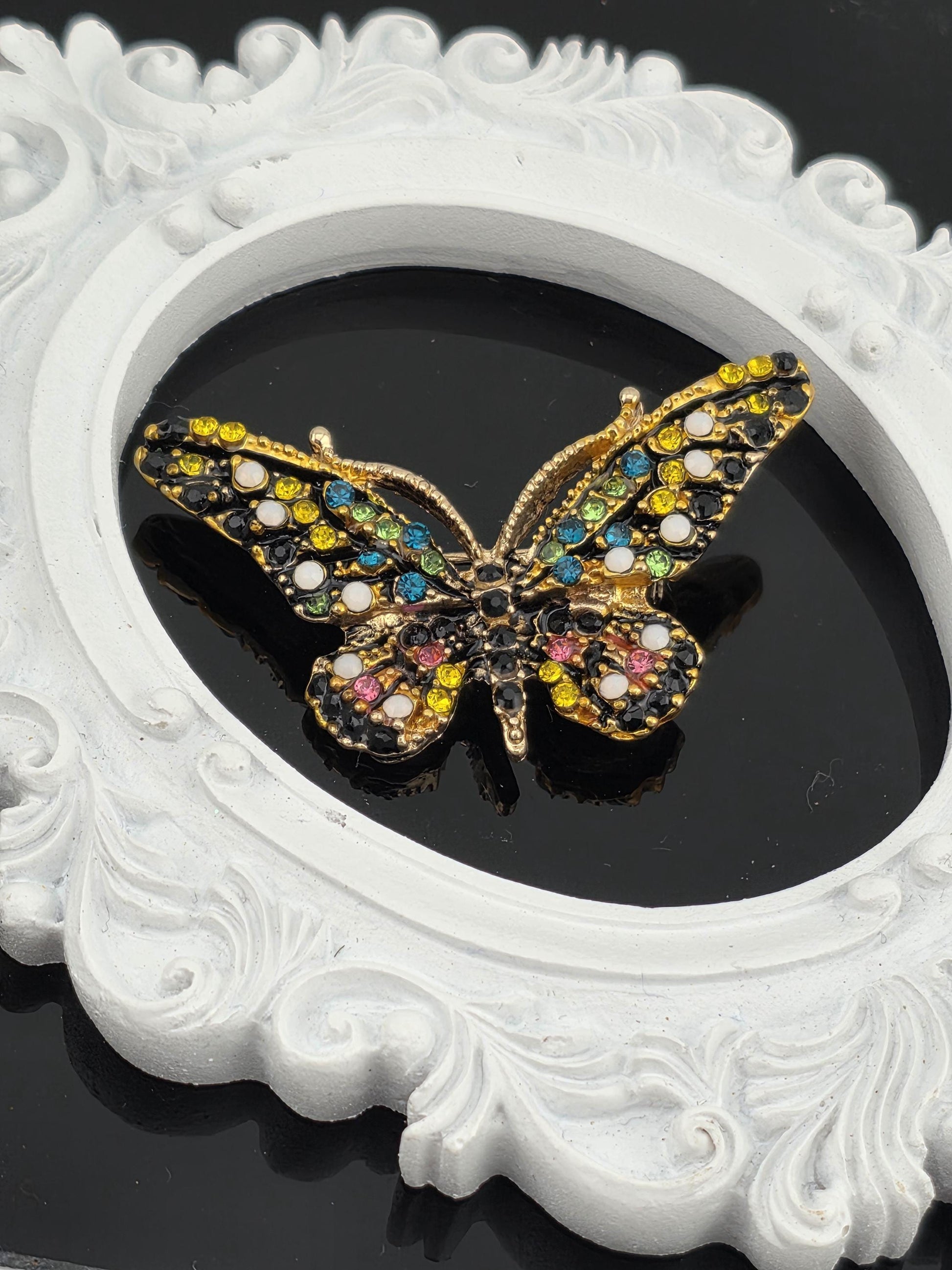 Yellow Enamel Brooch Pin - Gold Plated with Rhinestone Detail