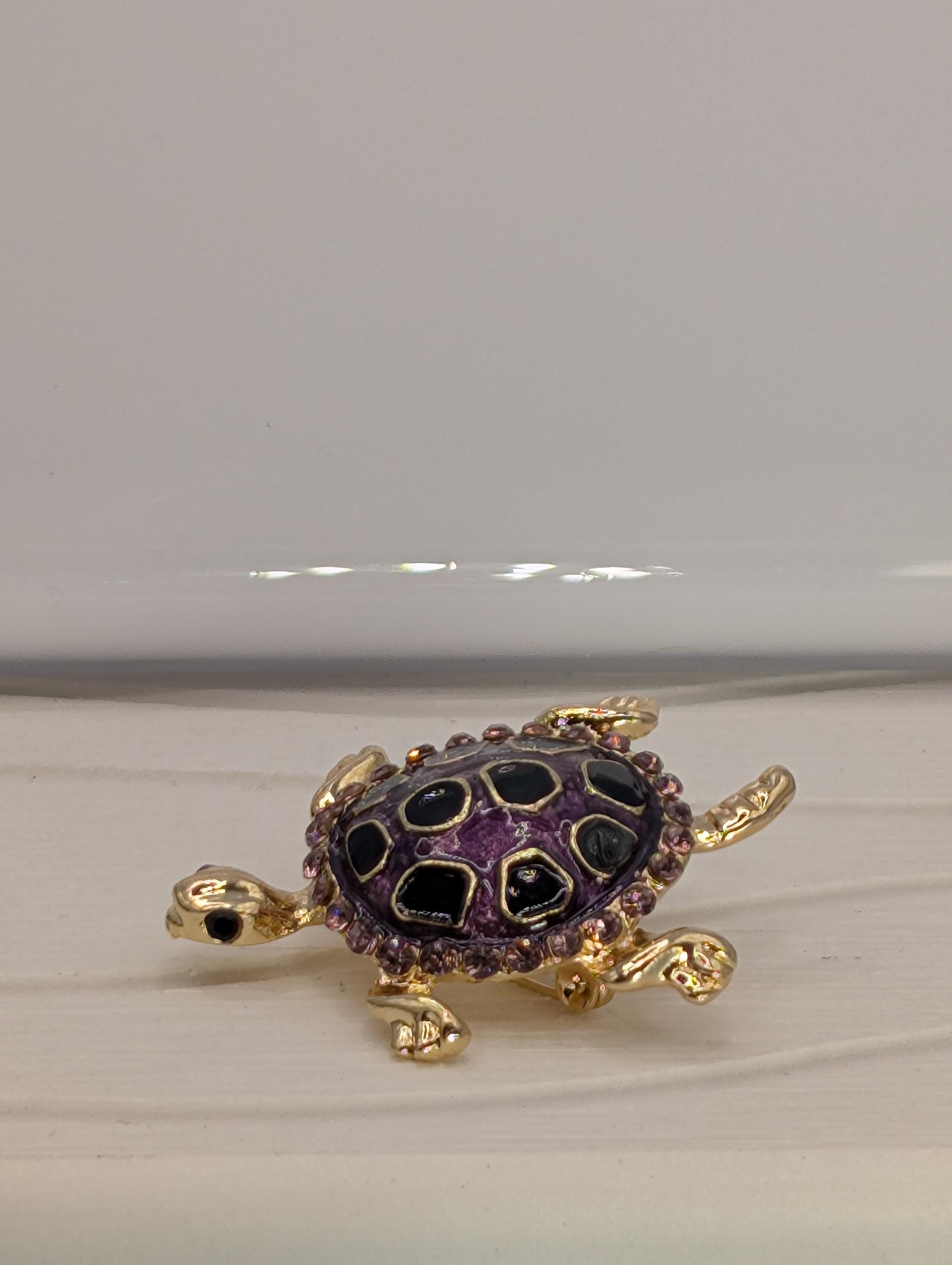 Turtle Brooch Pin: Gold Plated with Amethyst Rhinestone (Delicate Lightweight)