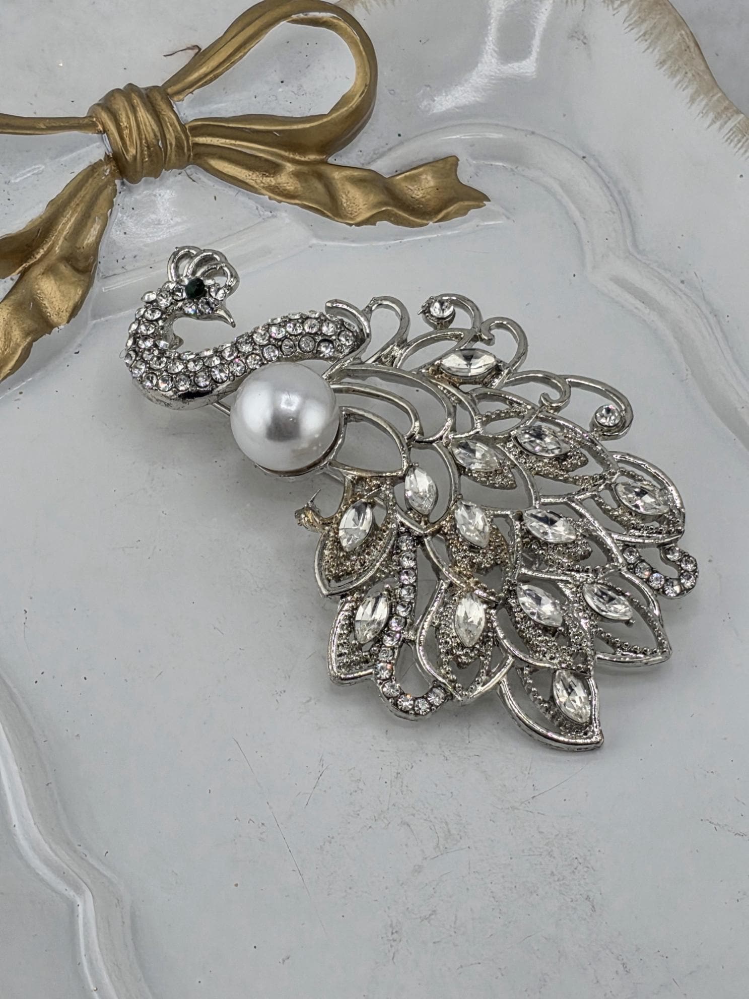 Peacock Brooch Pin: Silver Plated Rhinestone Jewelry (Vintage Style) | Handmade Pin | Jacket Scarf Hat Accessory | Gift Idea