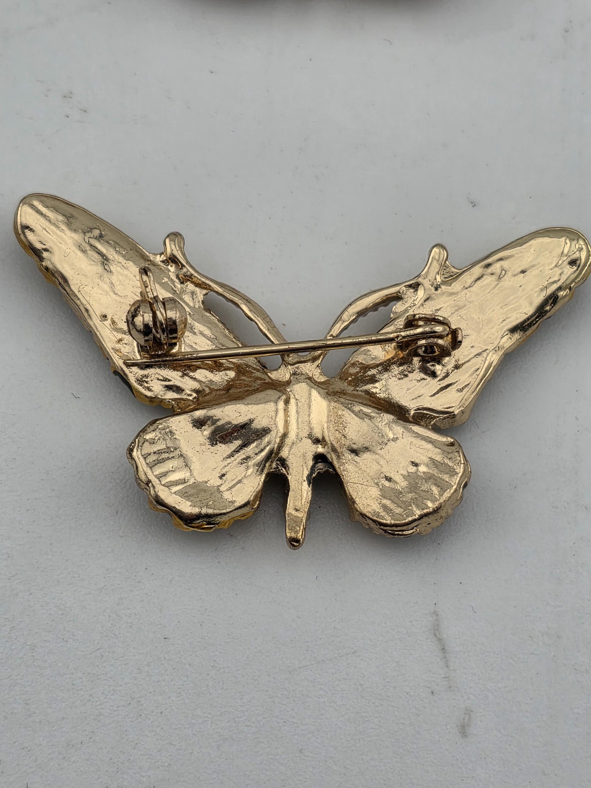 Yellow Enamel Brooch Pin - Gold Plated with Rhinestone Detail