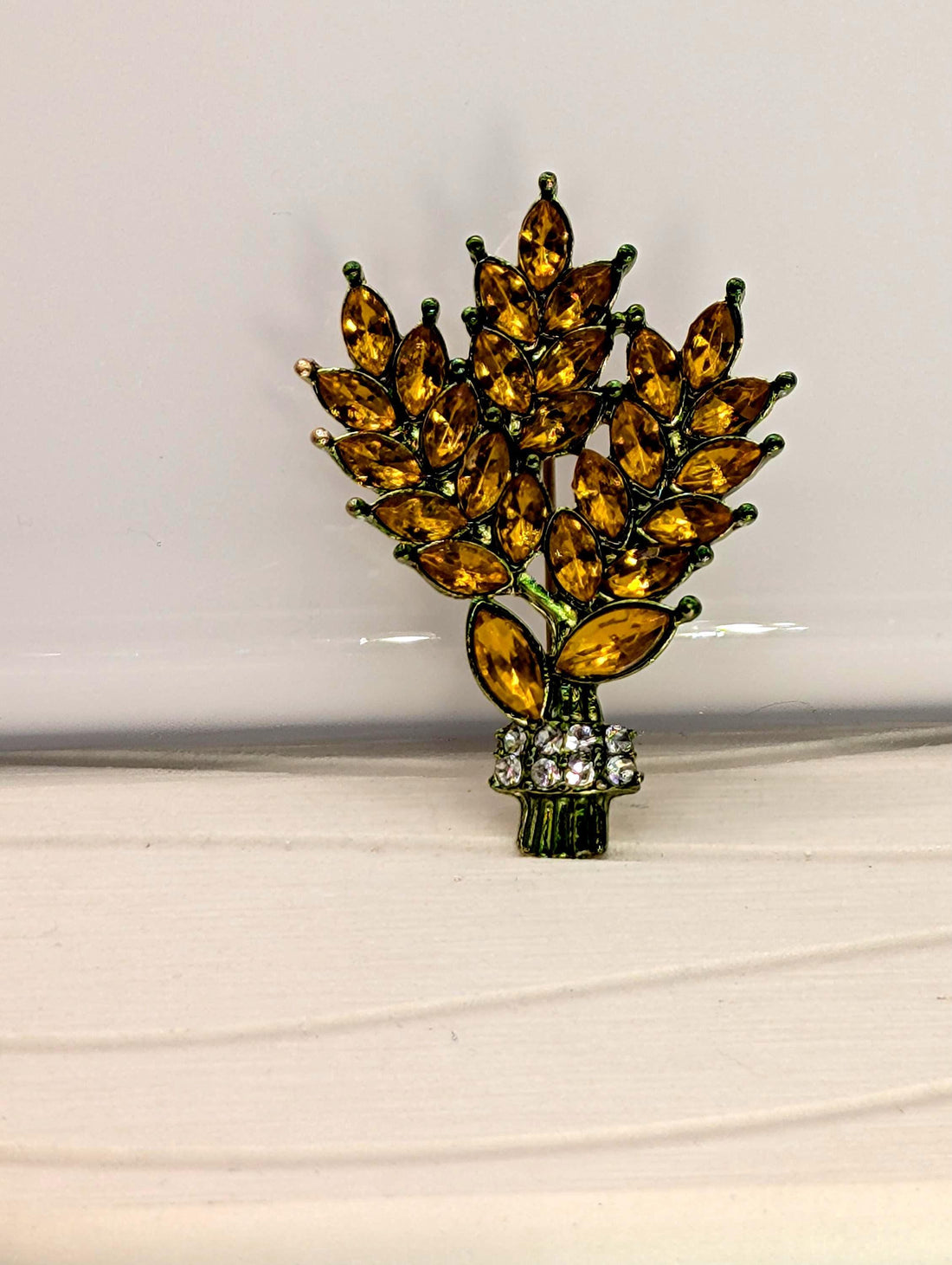 Bamboo Brooch Pin: Orange Rhinestones, Gold Tone Plated