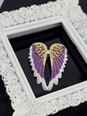 Gold Plated Angel Wing Pendant - Purple and White Enamel Accent