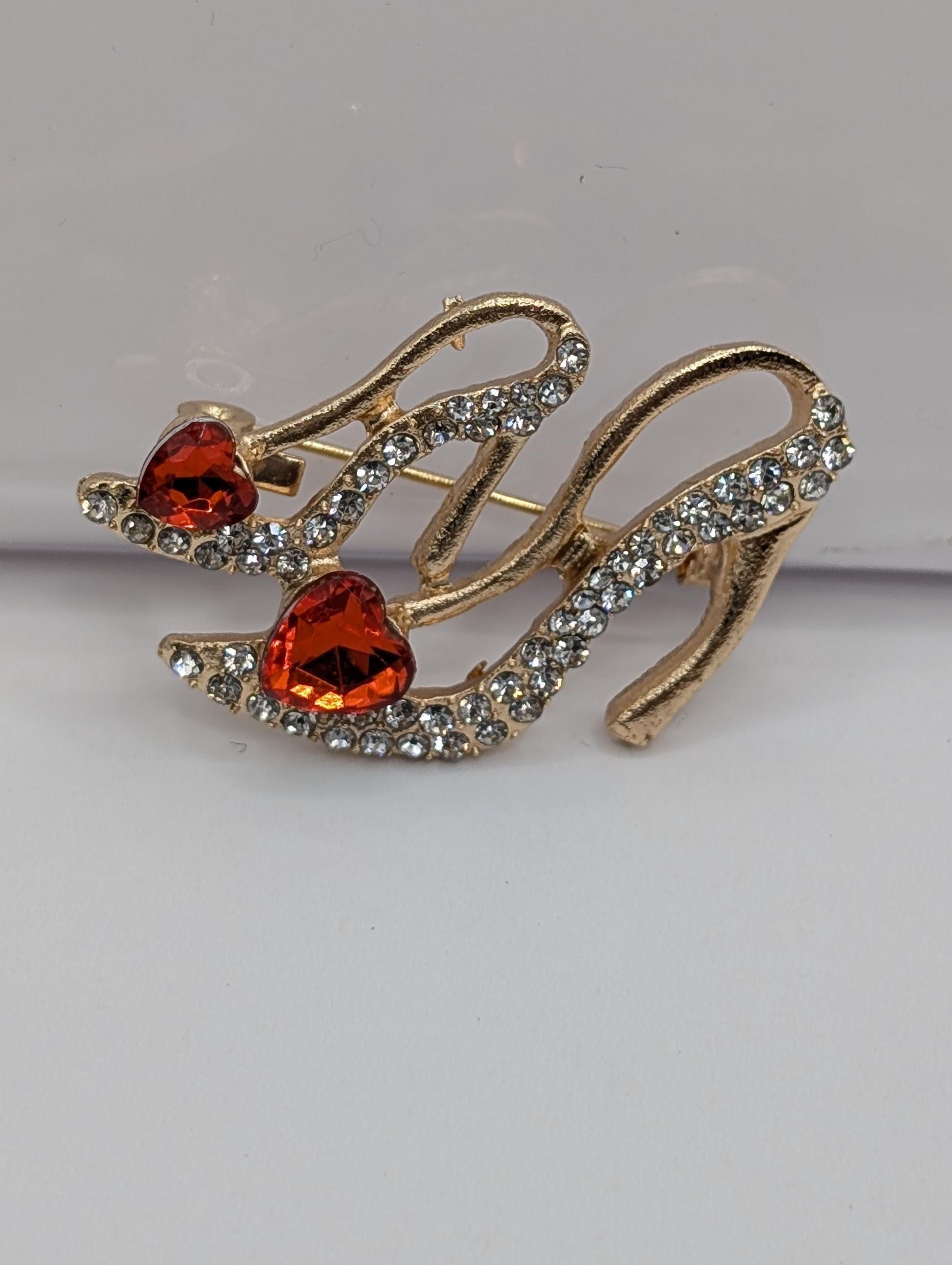 Gold Plated High Heel Brooch Ruby Rhinestone (Pin for Scarves or Bags)