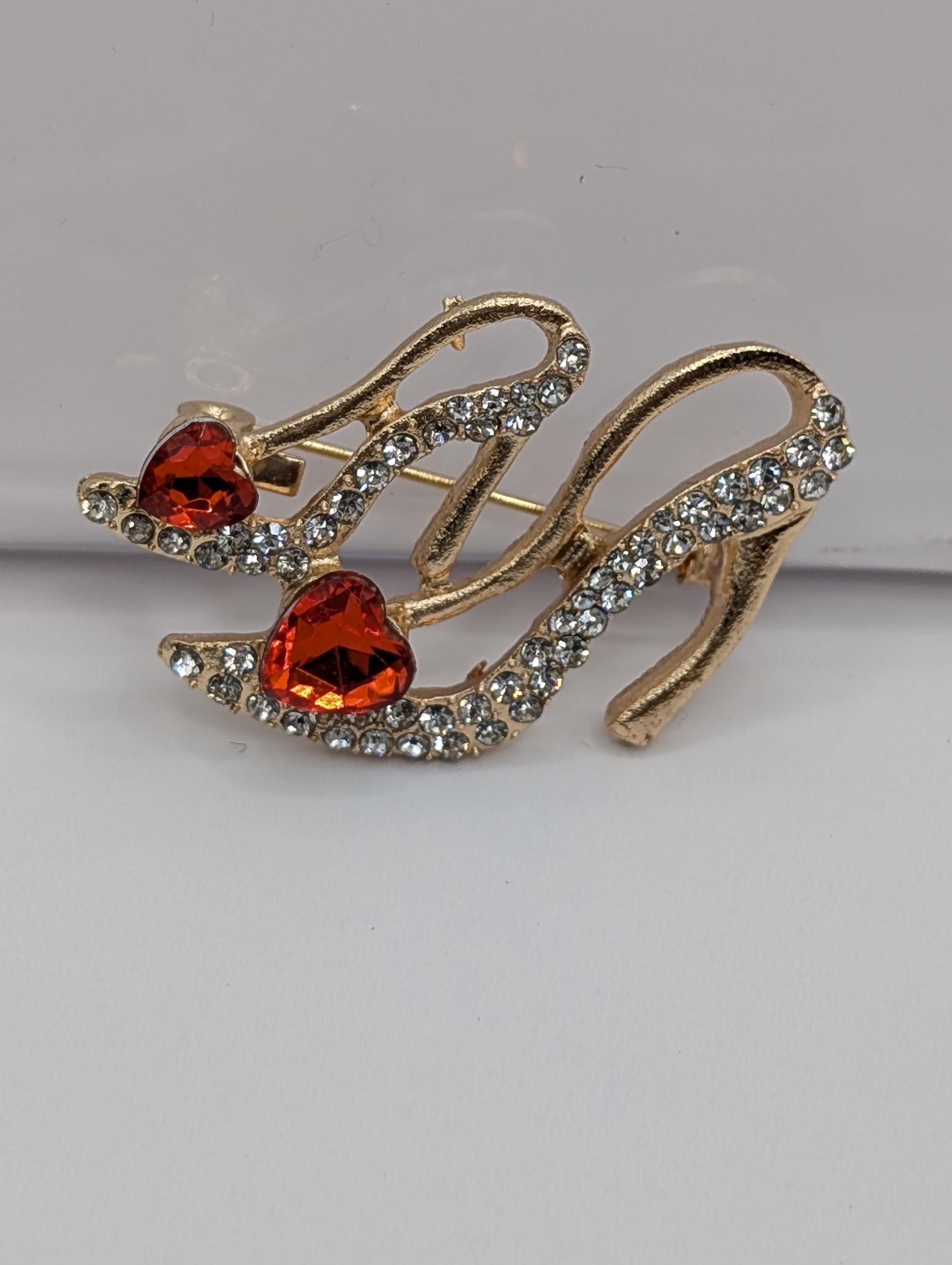 Gold Plated High Heel Brooch Ruby Rhinestone (Pin for Scarves or Bags)