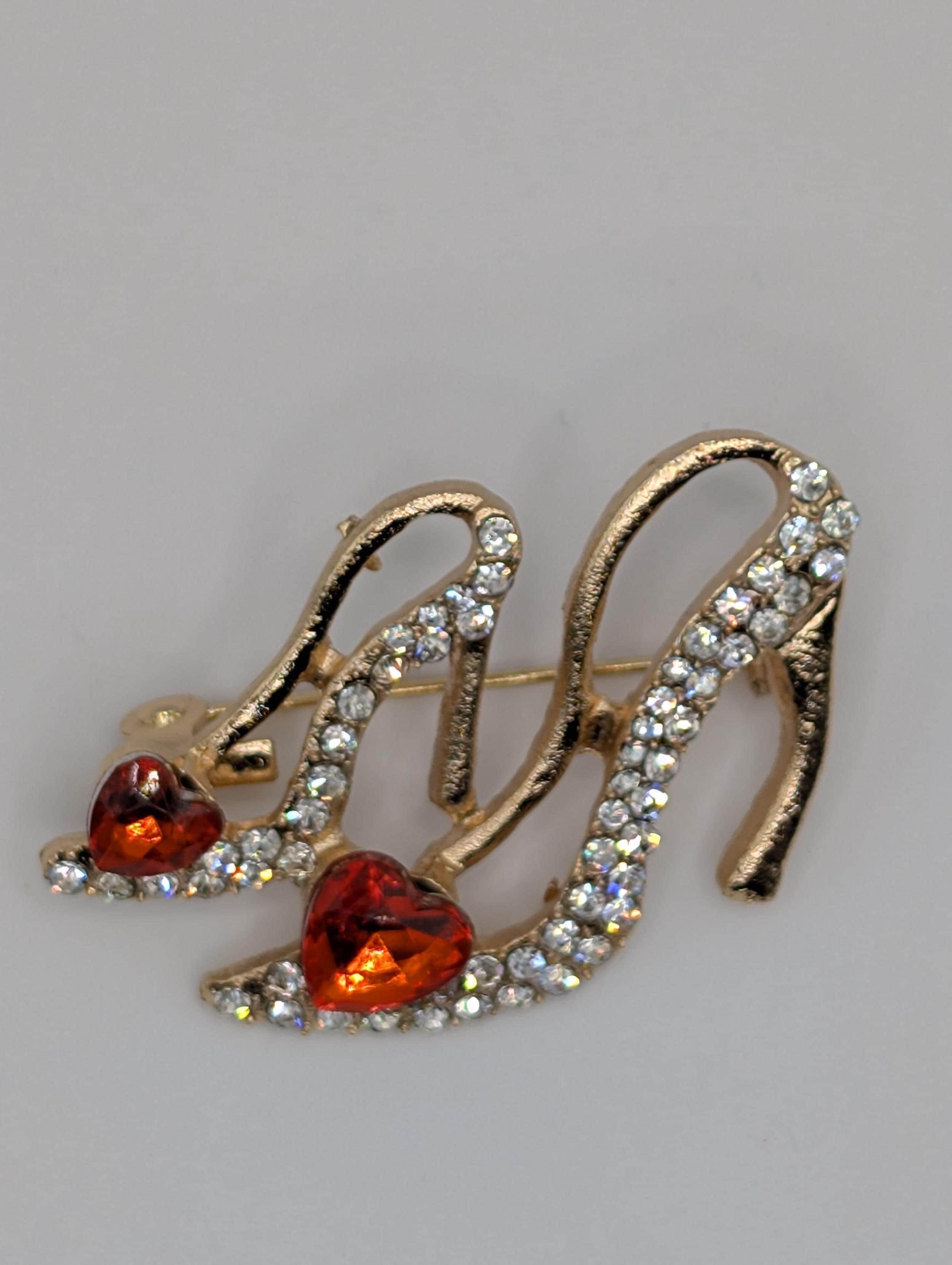 Gold Plated High Heel Brooch Ruby Rhinestone (Pin for Scarves or Bags)