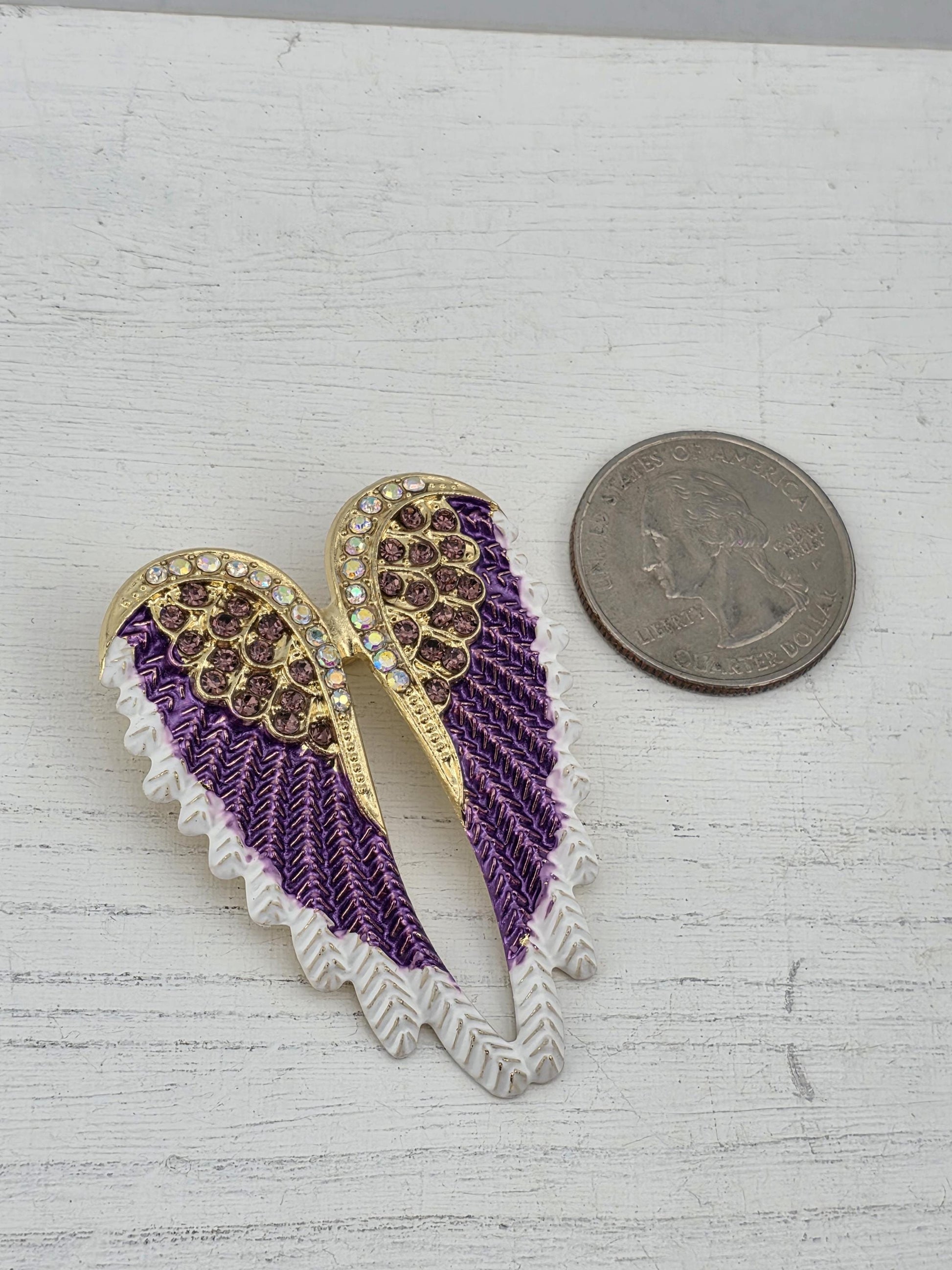 Gold Plated Angel Wing Pendant - Purple and White Enamel Accent | Handmade Pin | Jacket Scarf Hat Accessory | Gift Idea