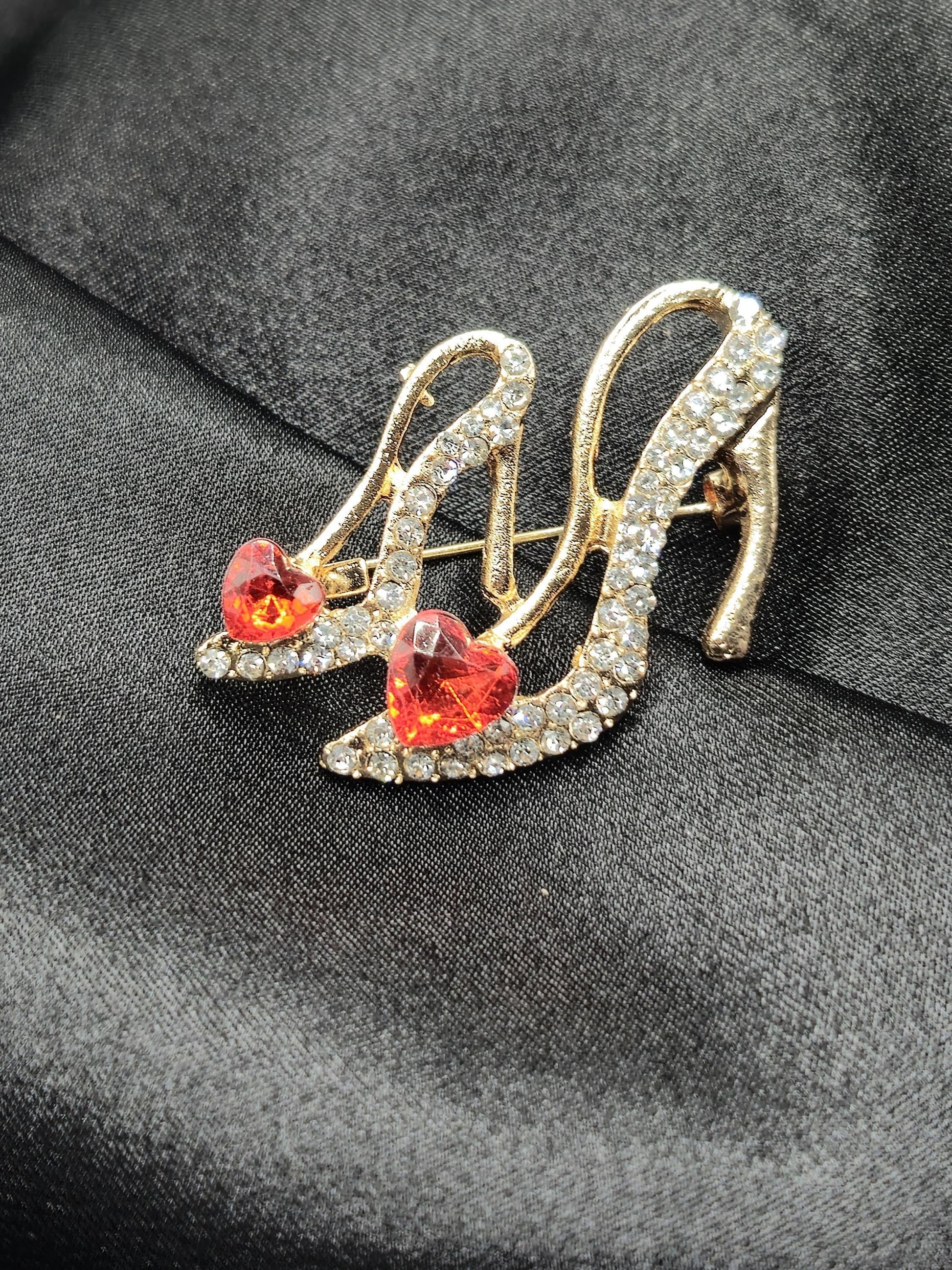 Gold Plated High Heel Brooch Ruby Rhinestone (Pin for Scarves or Bags)