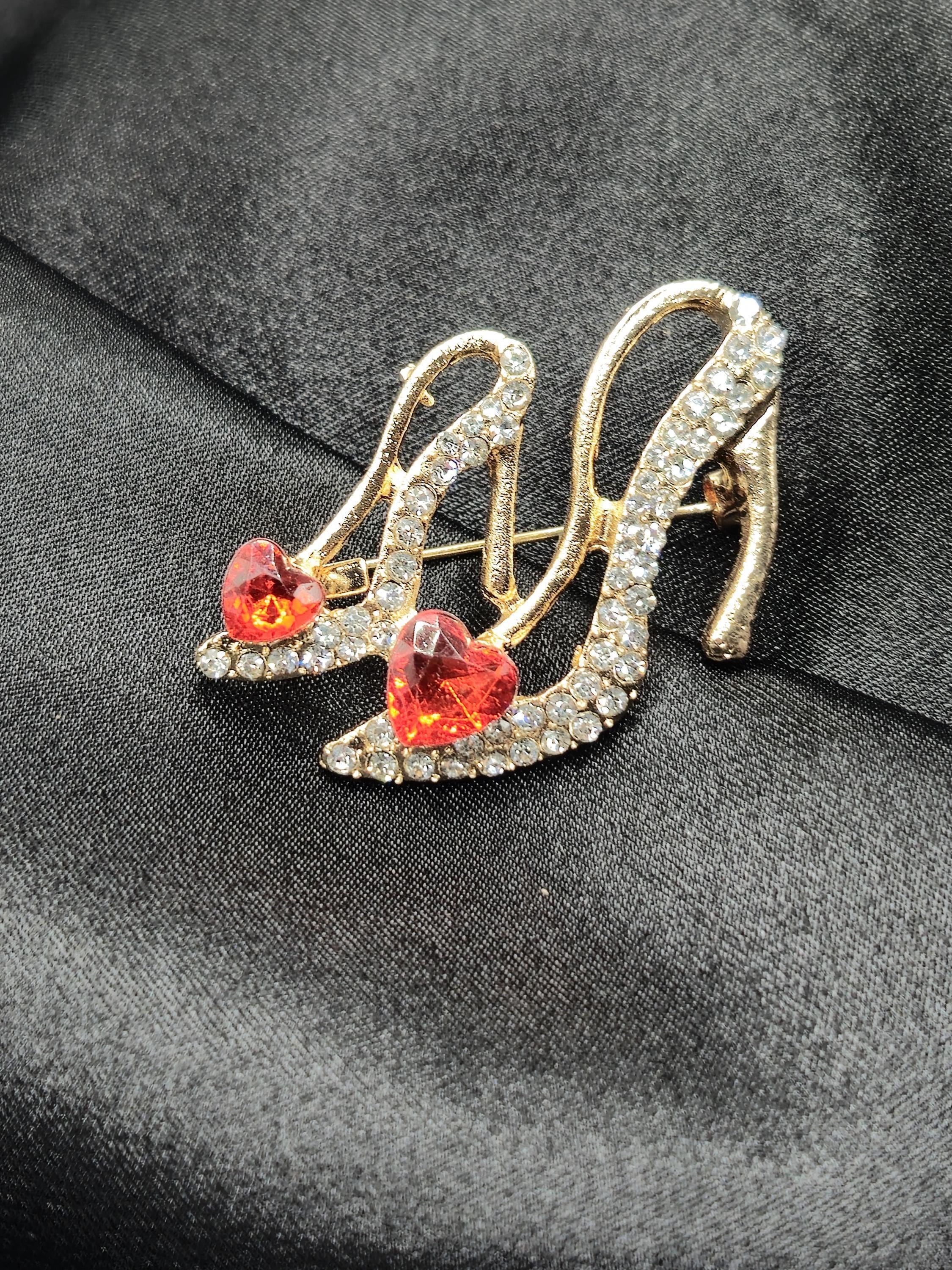Gold Plated High Heel Brooch Ruby Rhinestone (Pin for Scarves or Bags)