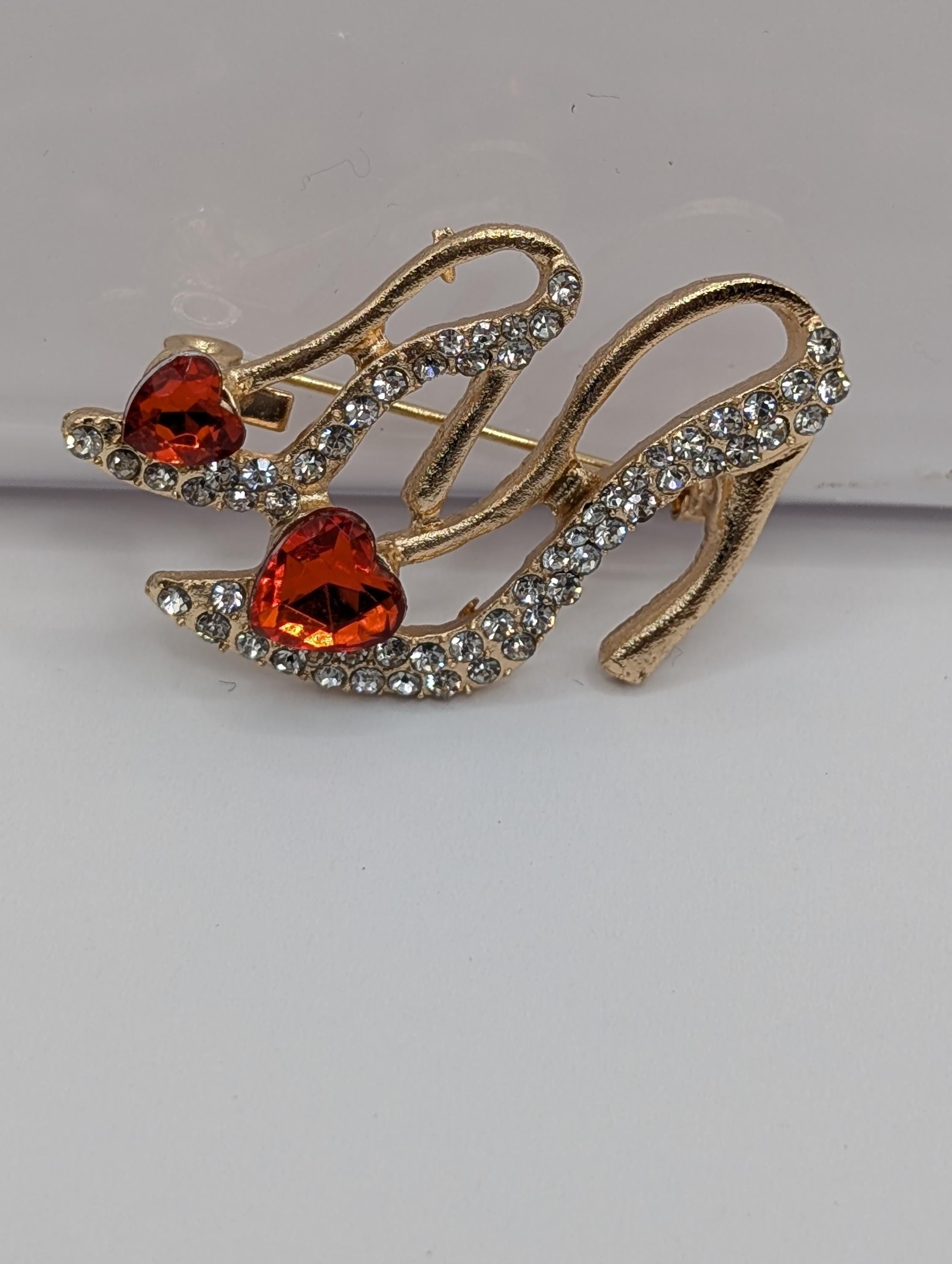 Gold Plated High Heel Brooch Ruby Rhinestone (Pin for Scarves or Bags)