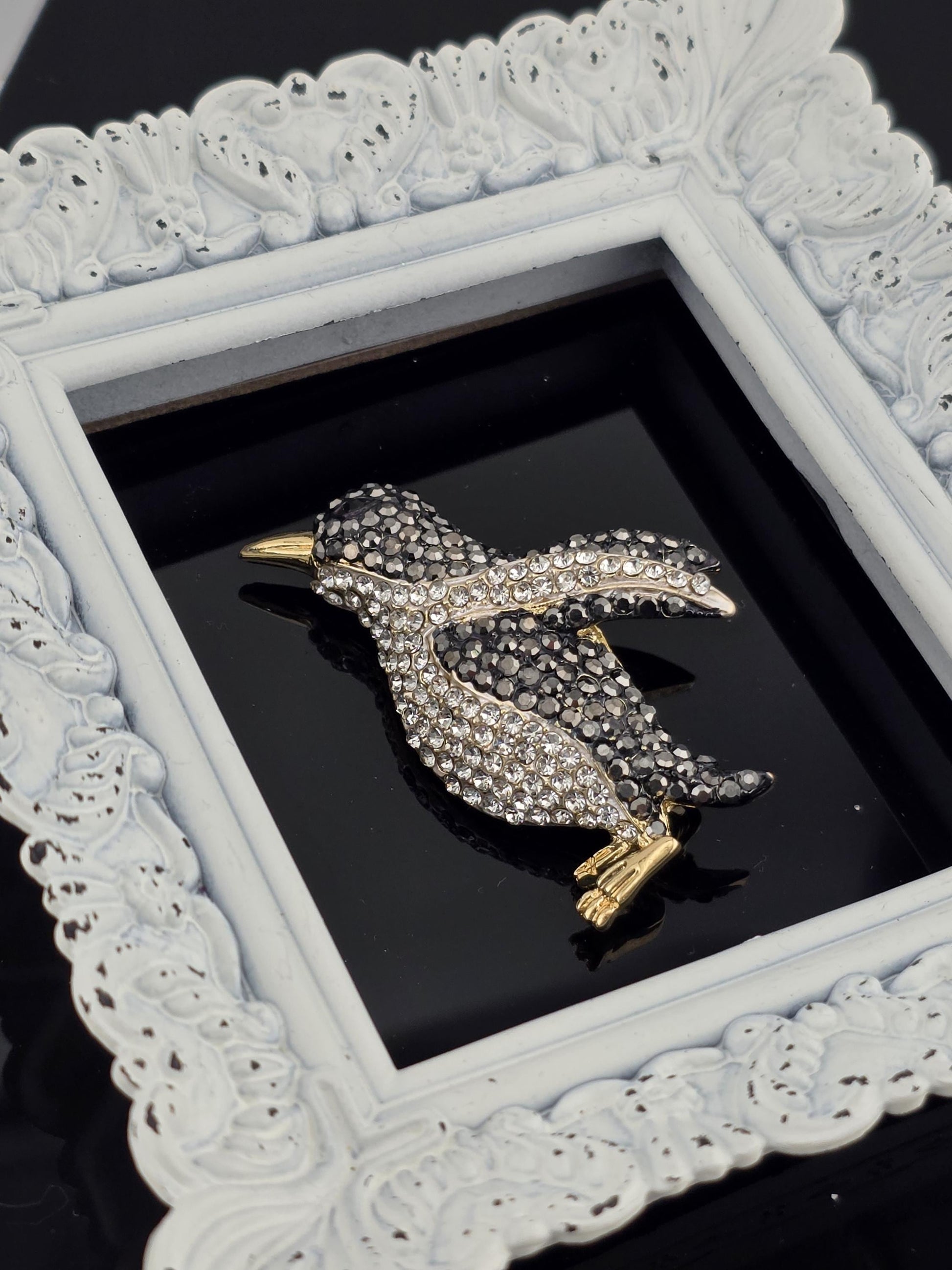 Penguin Pendant Charm - Gold Plated with Rhinestone Detail | Handmade Pin | Jacket Scarf Hat Accessory | Gift Idea
