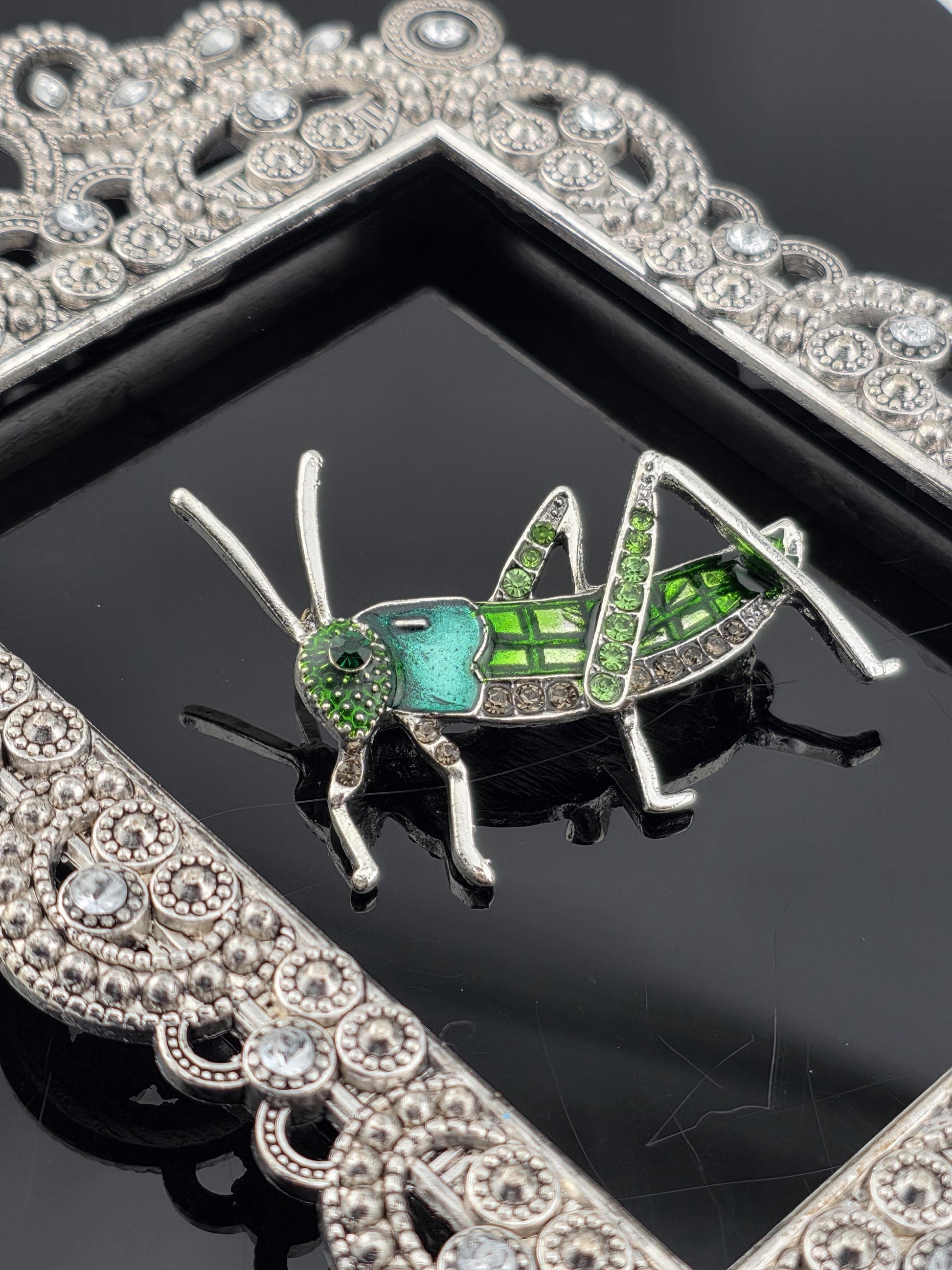 Grasshopper Brooch: Silver Plated Nature Pin (Handcrafted Green Detail)