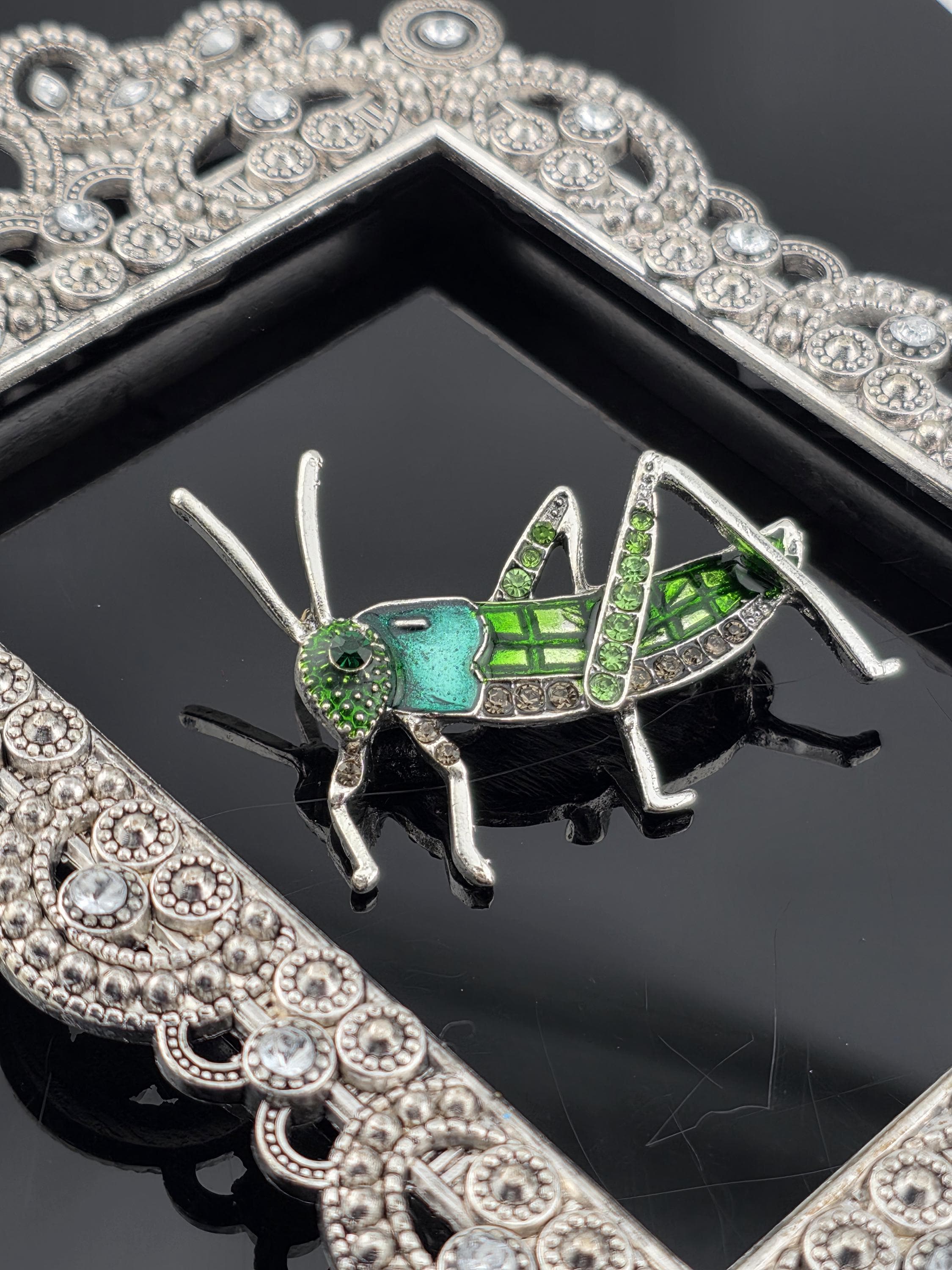 Grasshopper Brooch: Silver Plated Nature Pin (Handcrafted Green Detail)