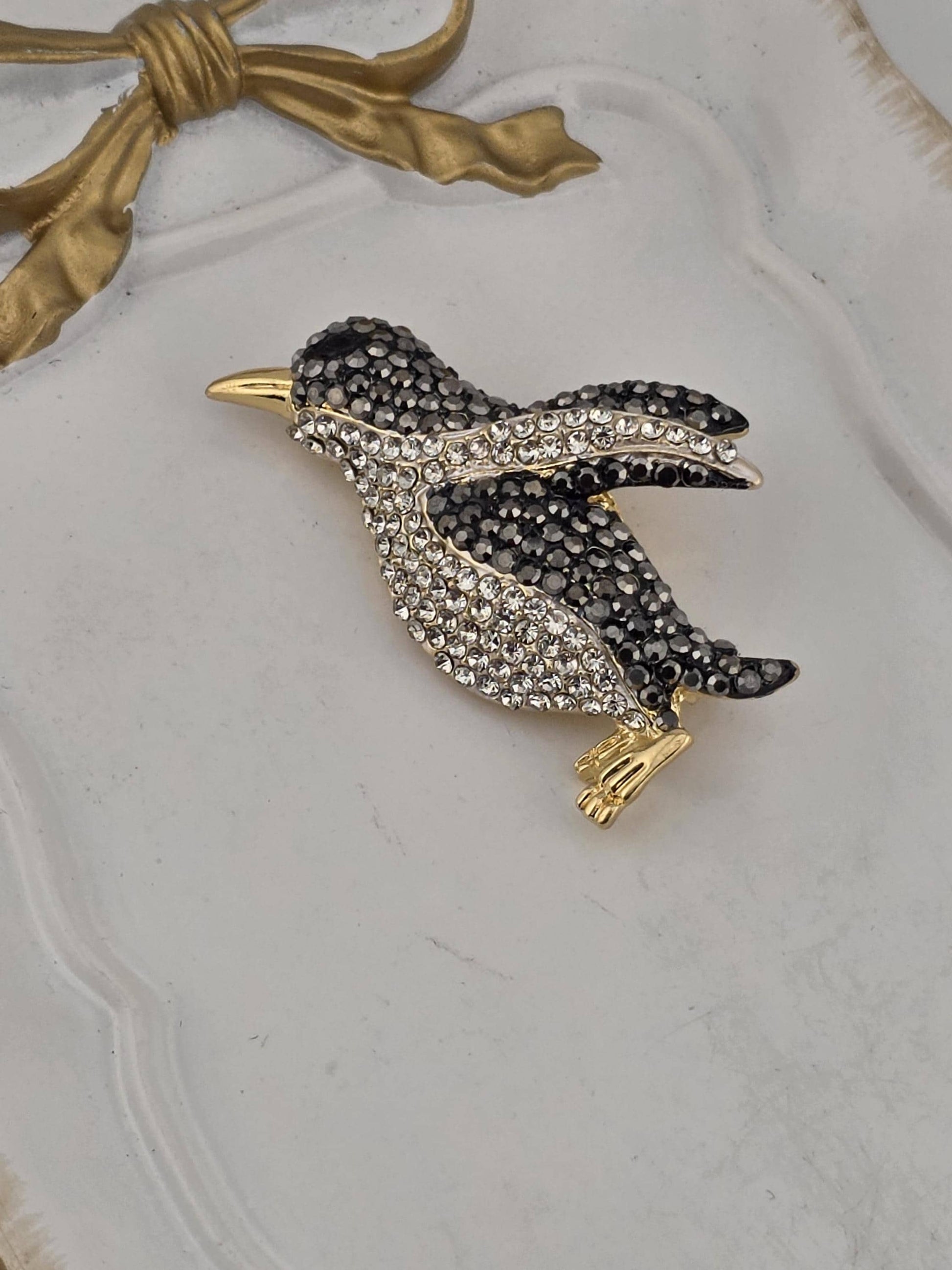 Penguin Pendant Charm - Gold Plated with Rhinestone Detail | Handmade Pin | Jacket Scarf Hat Accessory | Gift Idea